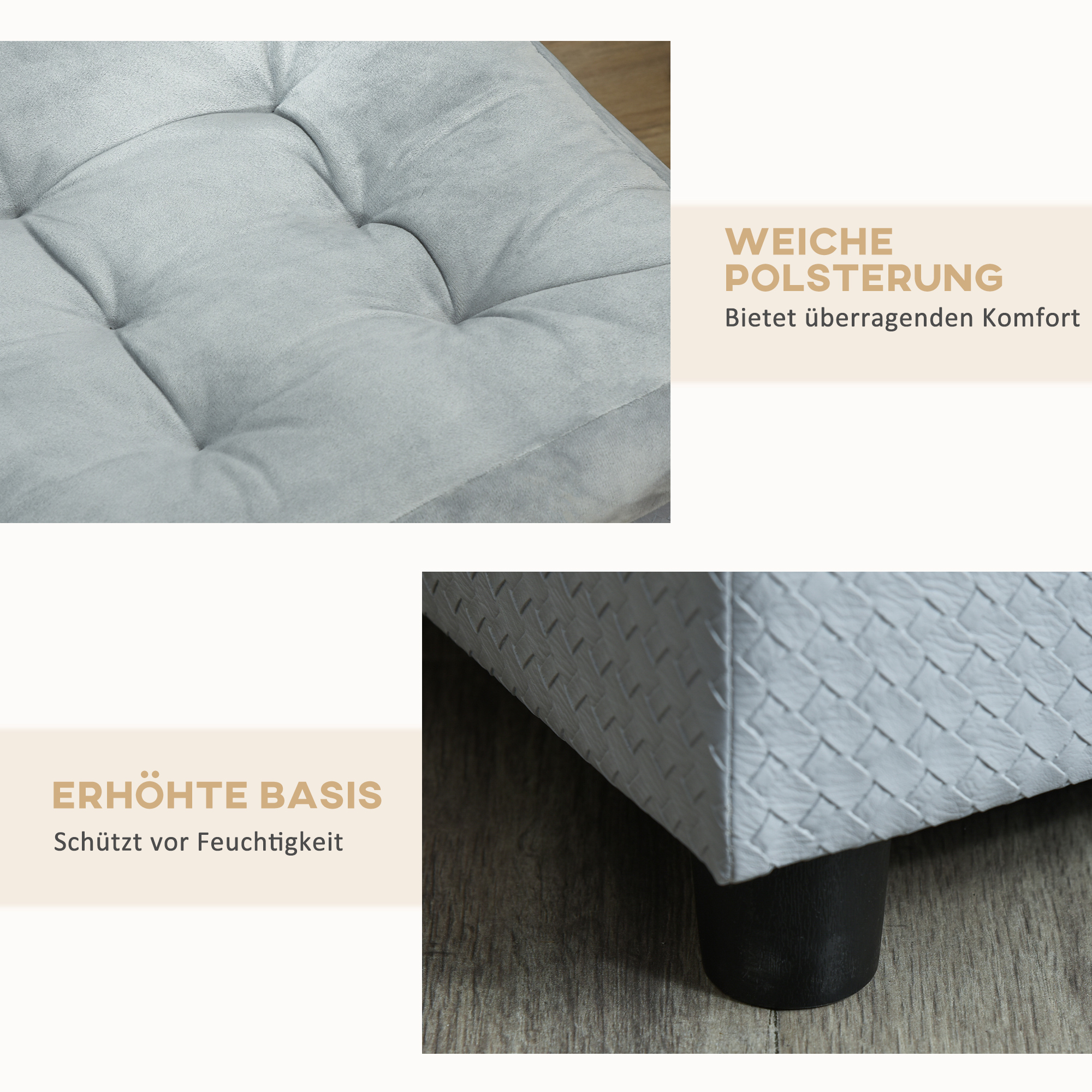 Haustiersofa mit Stauraum, weichem Kissen, bis 15 kg Tragkraft, Plüschbezug, Hartholzrahmen, Hellgrau