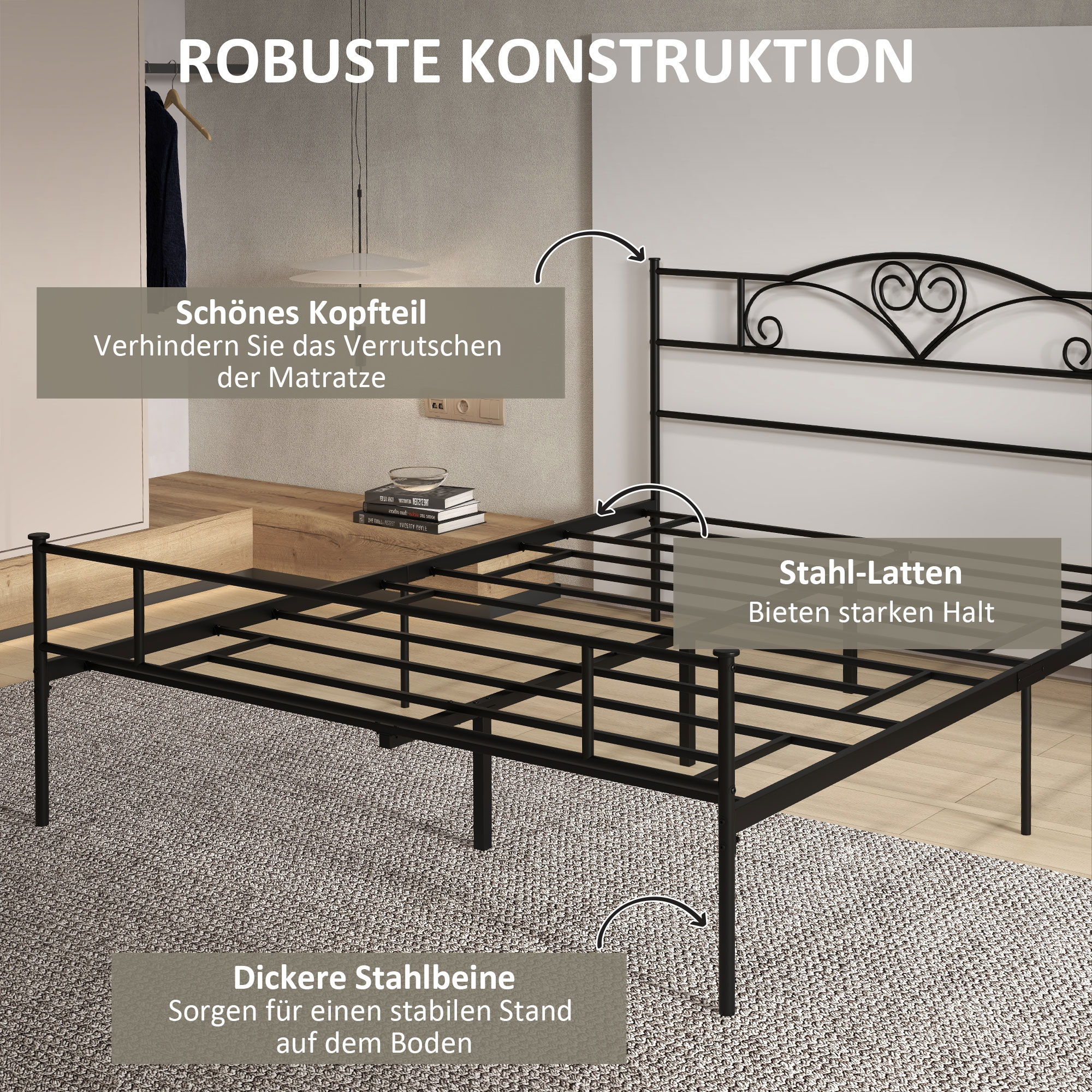 Bett 160 x 200 cm Bettrahmen mit Lattenrost aus Stahl, Unterbettaufbewahrung, Doppelbett, Schwarz