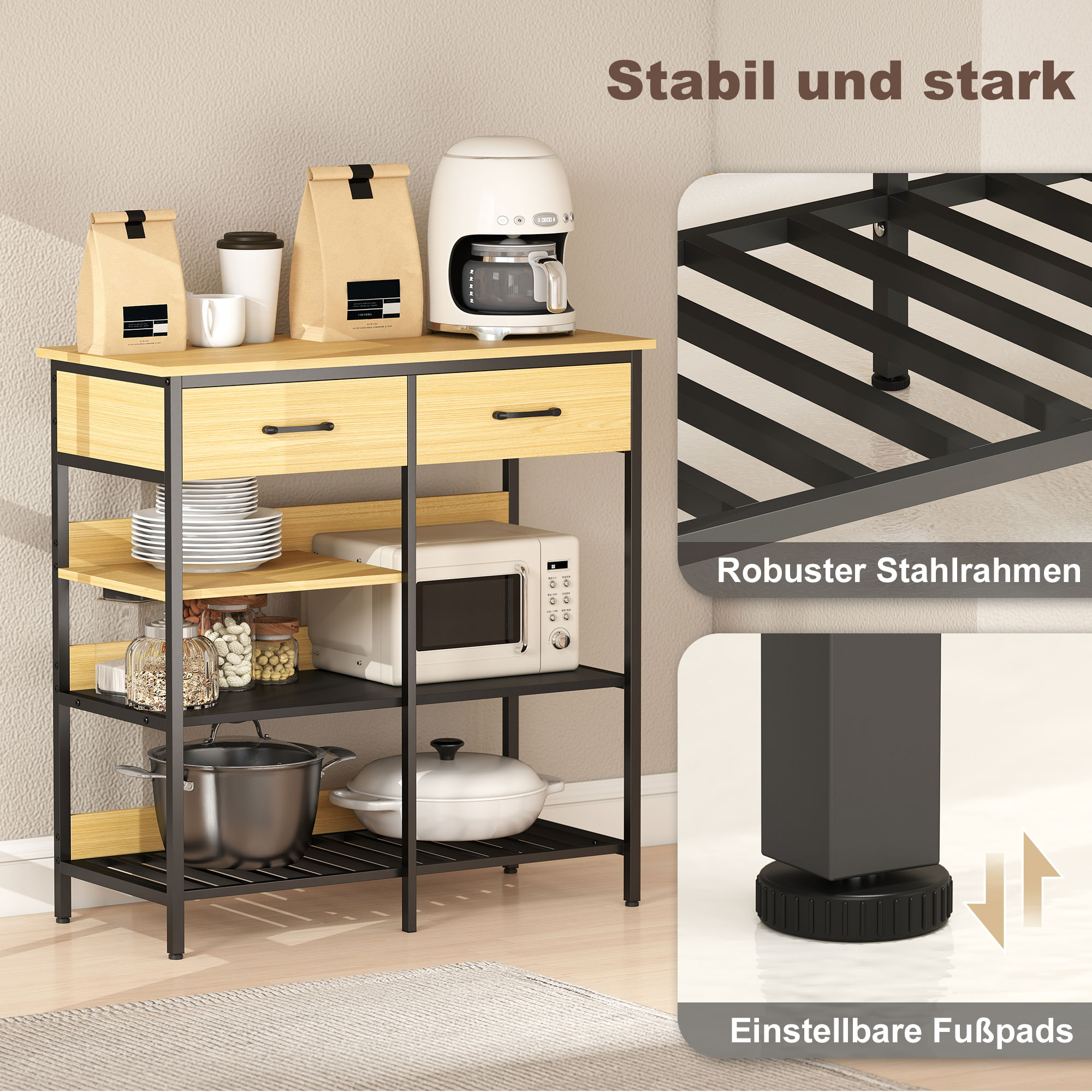 Sideboard, Kommode mit 2 Schubladen, 3 offenen Regalen Küchenschrankfür Küche, Wohnzimmer 90 x 40 x 91 cm, Naturholz