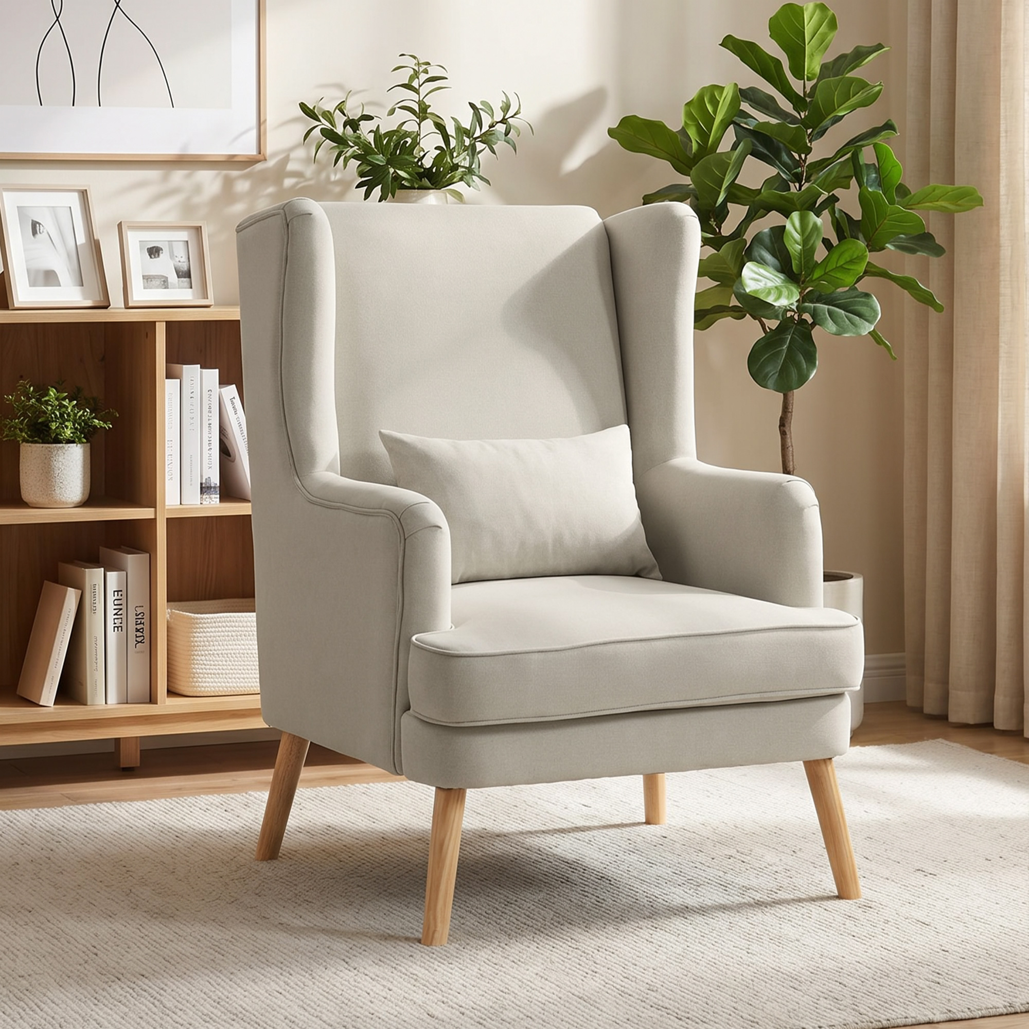 Akzentstuhl, Sessel mit Leinen-Optik, hoher Rückenlehne, breitem Sitz, Lendenkissen, Beige