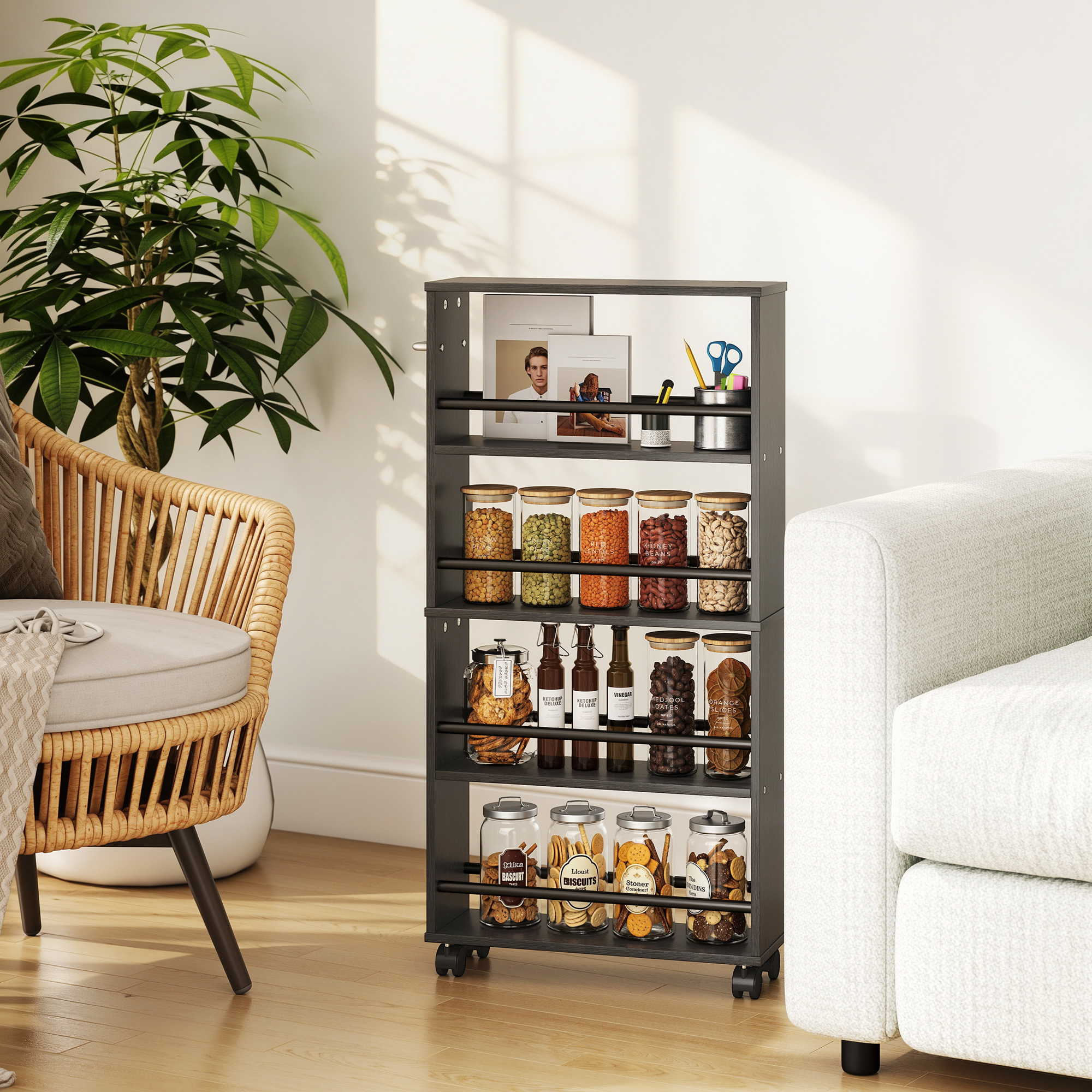 Multifunktionsregal mit Rollen, schmale Bauweise, 4 Fächer, 45x15x91 cm, Schwarz