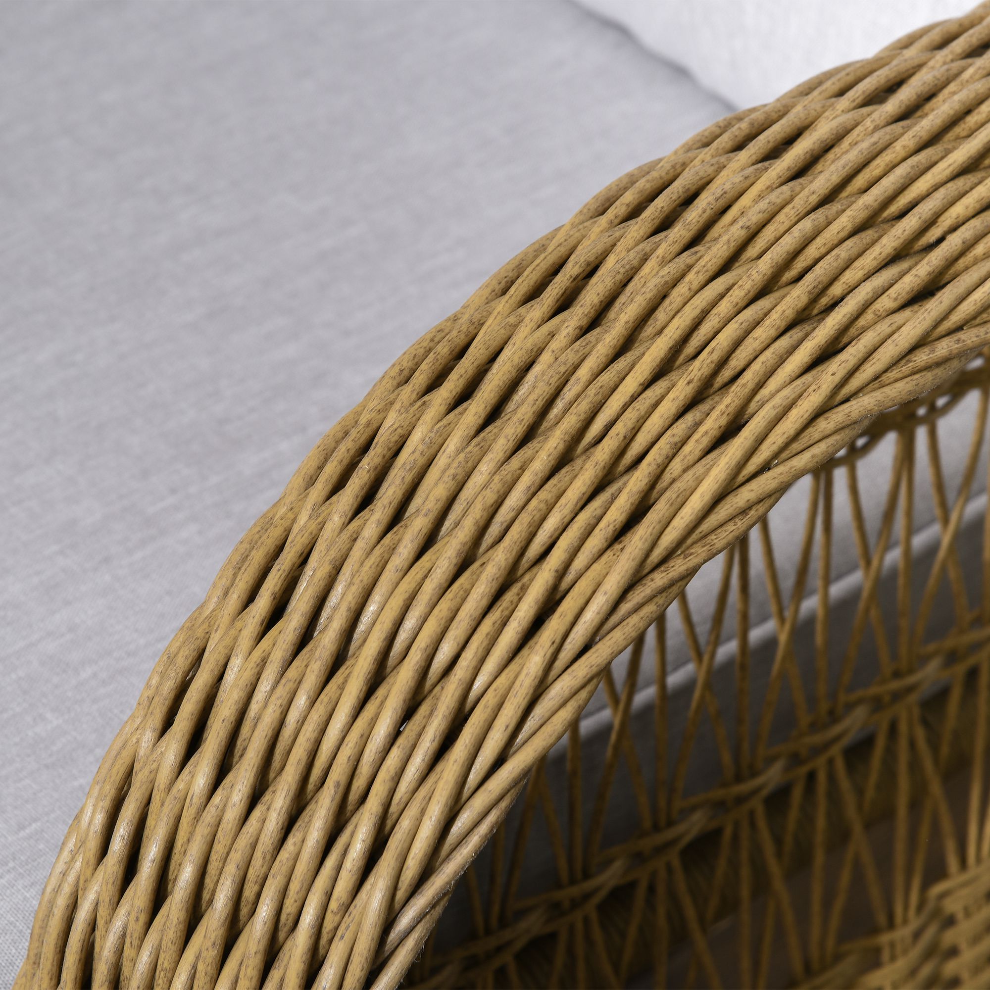 Schaukelstuhl im Boho-Stil, PE-Rattan, Rattan-Schaukelstuhl, waschbare Polsterbezüge, Natur + Hellgrau
