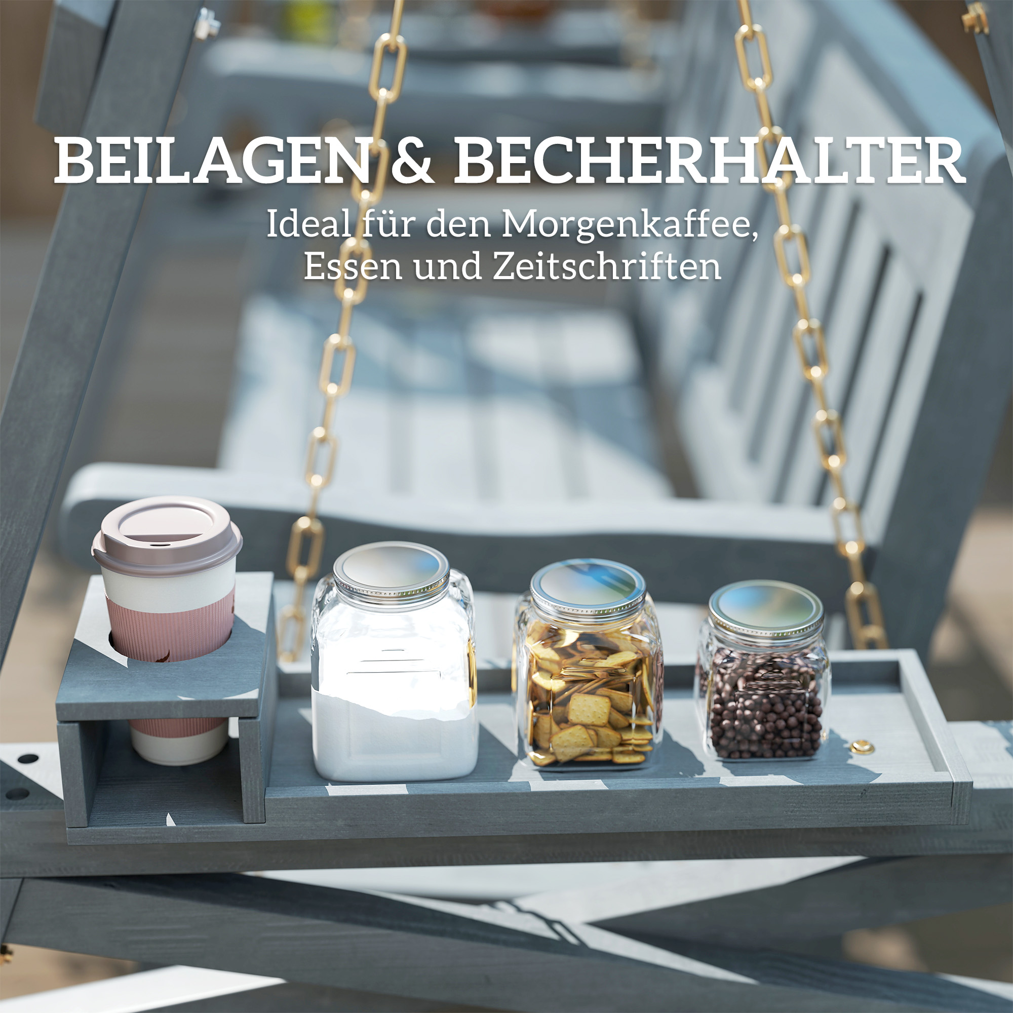 2-Sitzer Gartenschaukel, Holzschaukelbank mit Ablagen, Getränkehalter und Metallketten, Grau