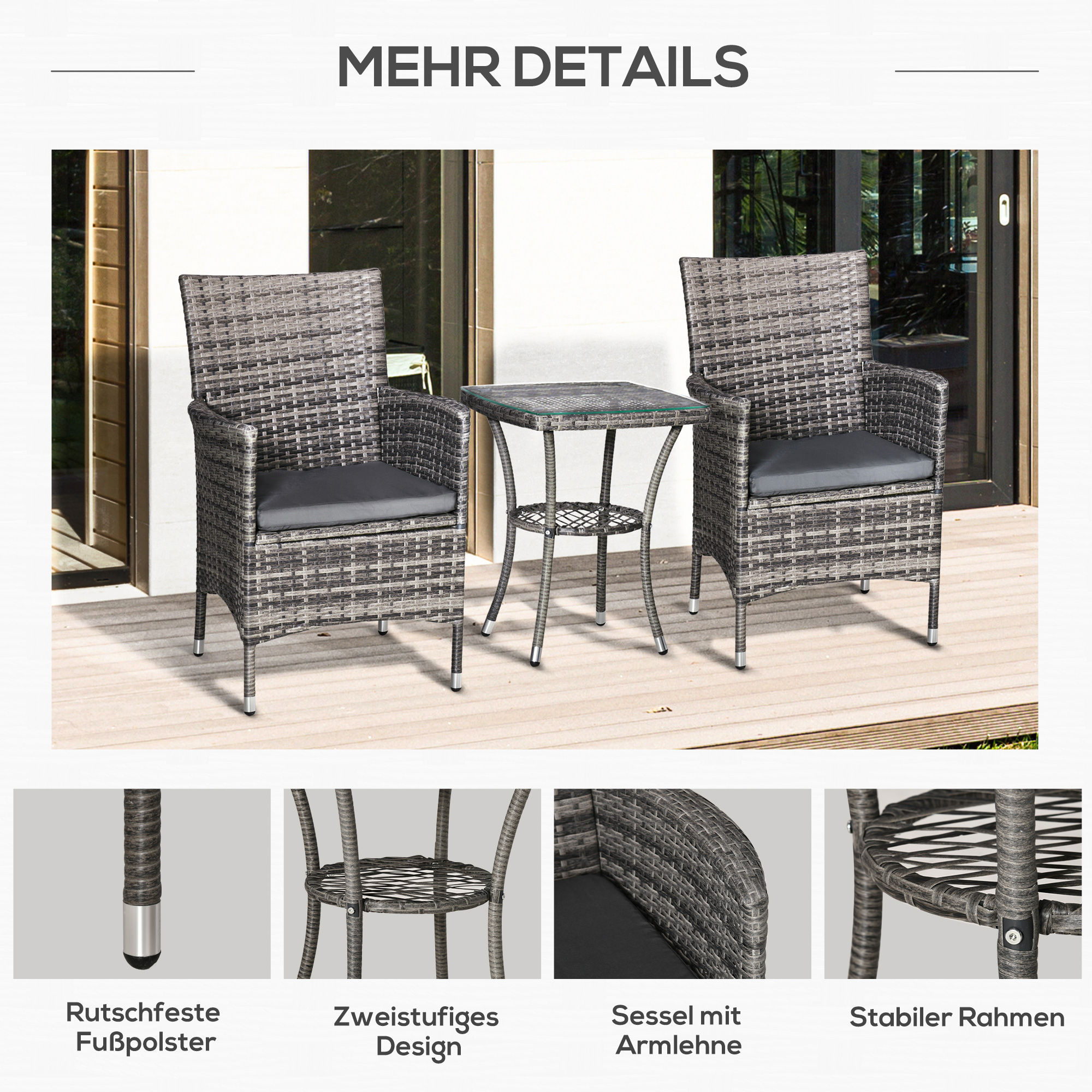 Balkonmöbel Set für 2 Personen Sitzgruppe Rattan Gartenset Polyrattan Dunkelgrau