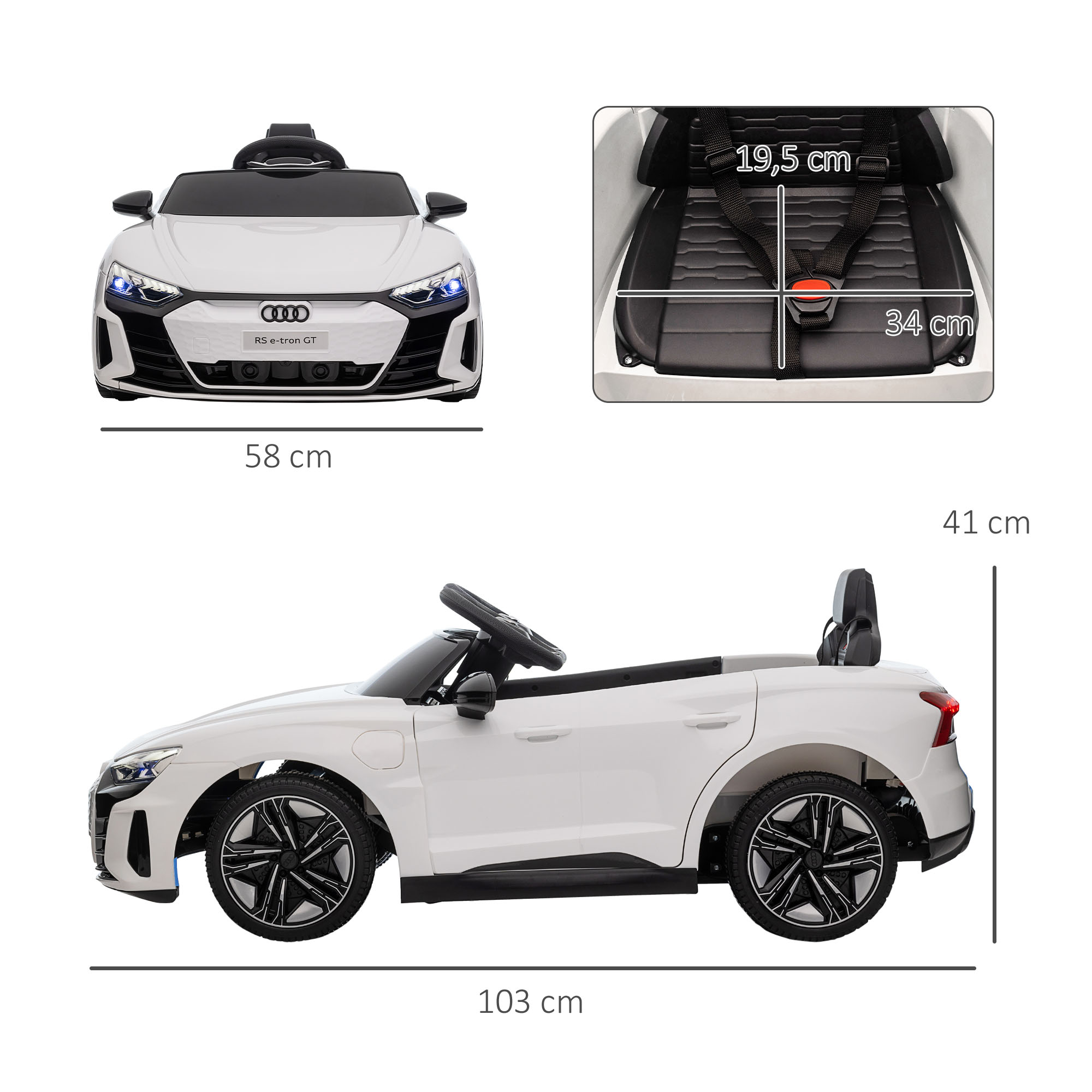 Kinder-Elektroauto Audi RS e-tron GT mit Sicherheitsgurt, Fernbedienung, Scheinwerfern, Musikfunktion, weiß, 103 x 58 x 41cm