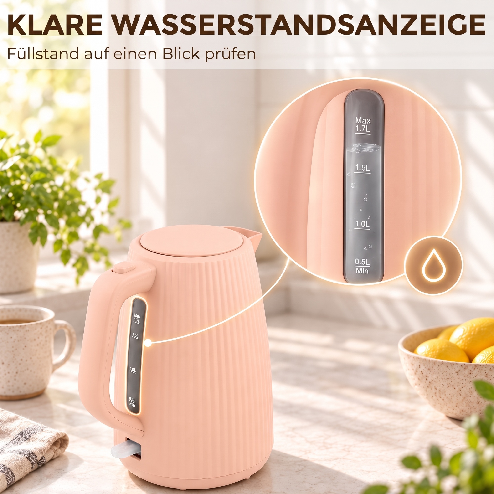 elektrischer Wasserkocher, 1,7L, Schnellkochfunktion, 2200W, mit herausnehmbarem Kalkfilter, Abschaltautomatik, Rosa