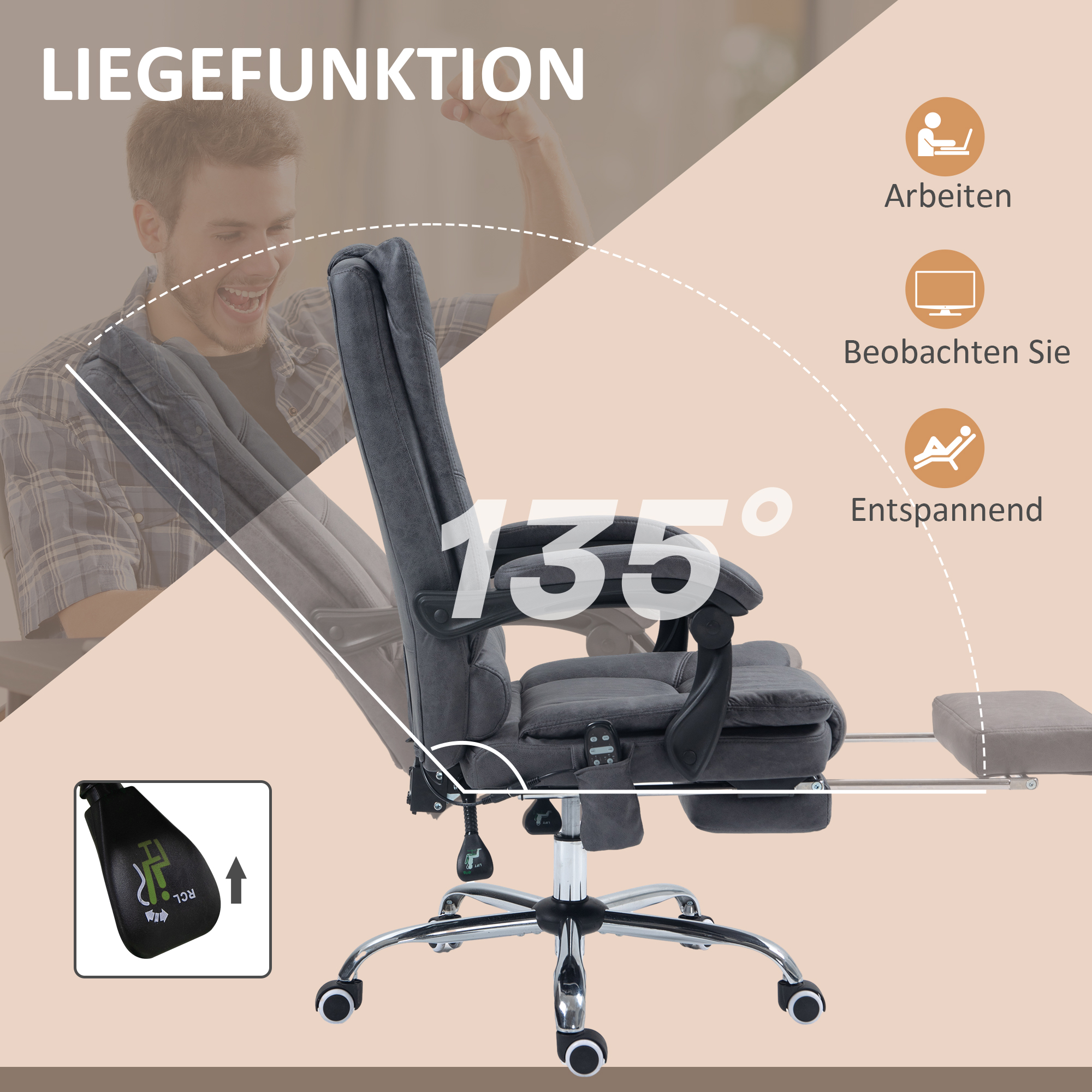 Massagstuhl Bürostuhl mit Massagefunktion, inkl. Fußstütze, höhenverstellbar, 64 cm x 70 cm x 118 cm, Schwarz