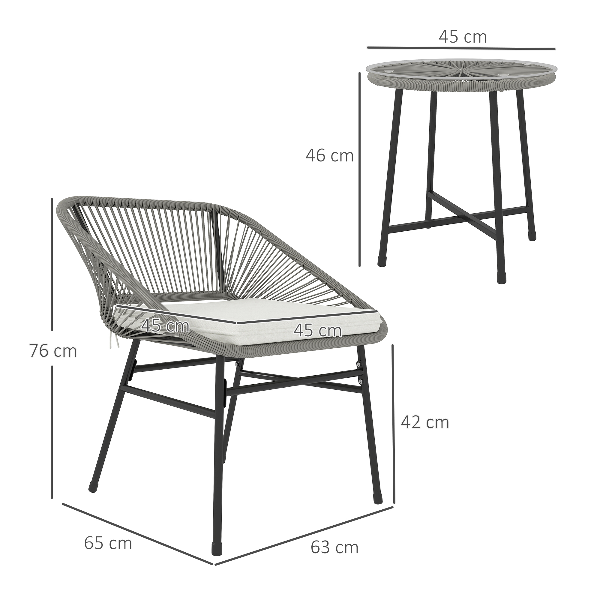 3-teiliges Outdoor-Möbelset, 1 Tisch, 2 Stühle, Rattan-Geflecht, Stahlrahmen, Kaffeetisch mit Glasplatte, Dunkelgrau