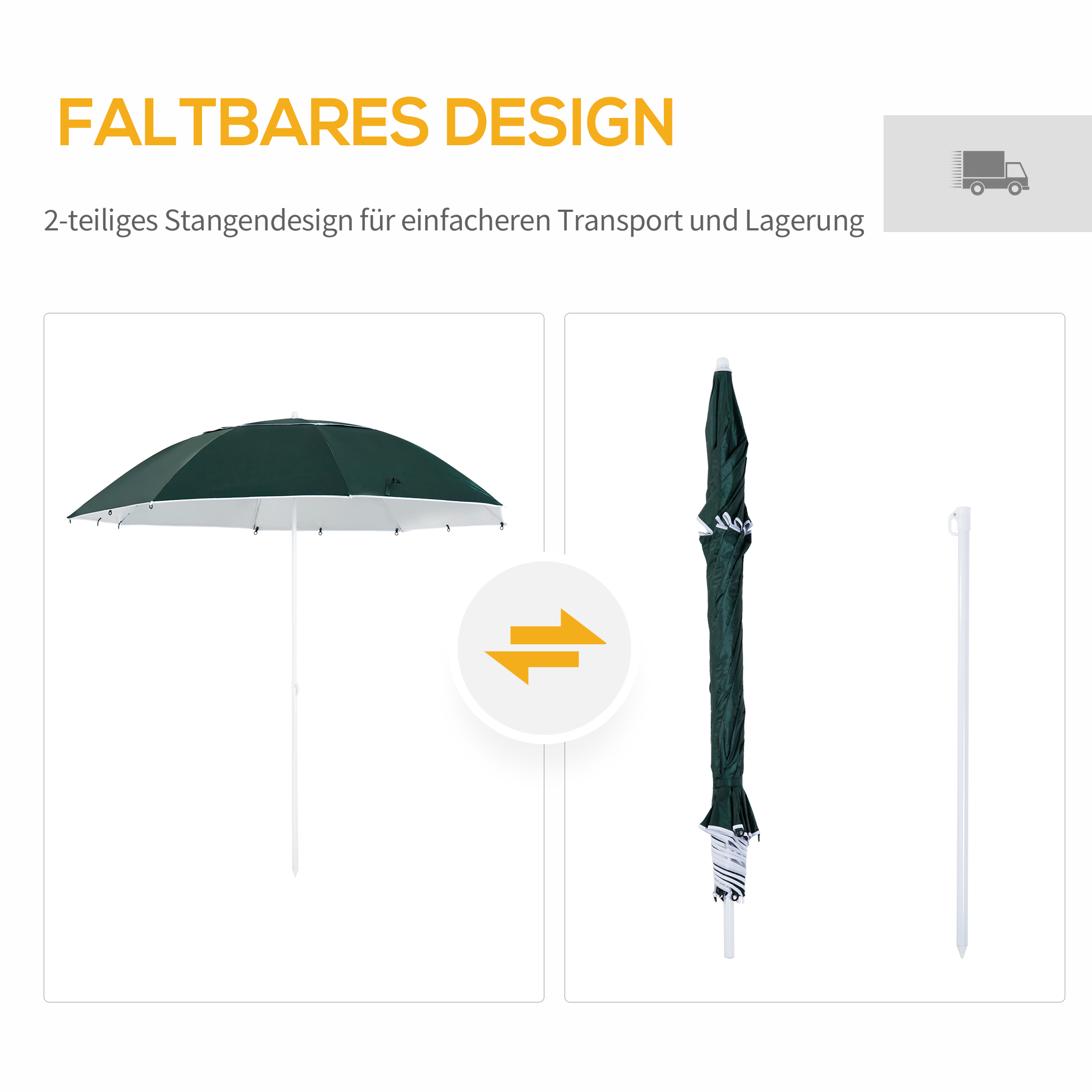 2 in 1 Sonnenschirm Strand Ø 210 cm UPF 50+ windfest Strandschirm mit Seitenwänden Tragtasche Balkon-Schirm faltbarer Gartenschirm Sonnenschutz für Reisen, Strand, Balkon Camping Dunkelgrün