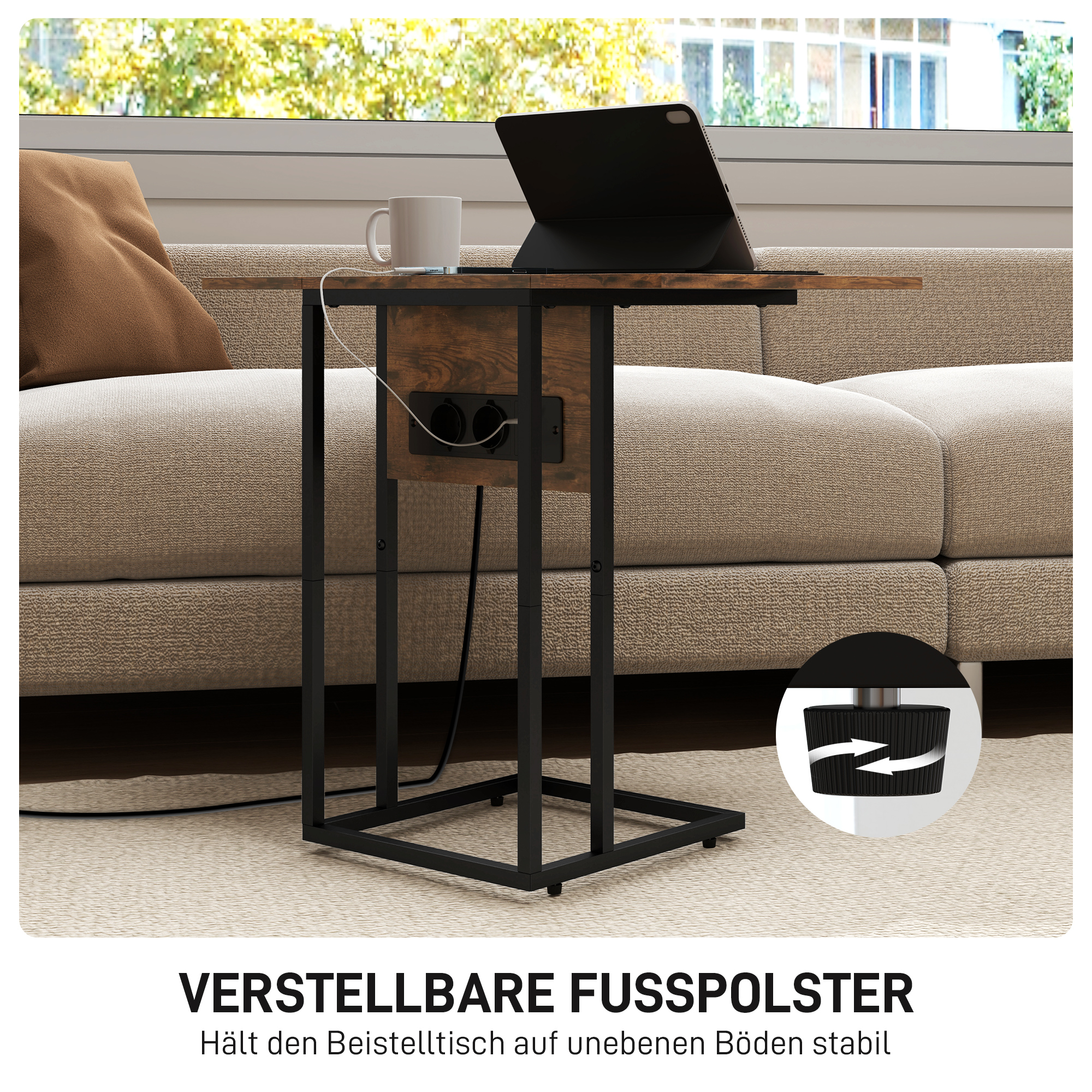 klappbarer Beistelltisch, Ladestation mit USB-Ports, Metall, 39 x 29 x 57 cm, Braun