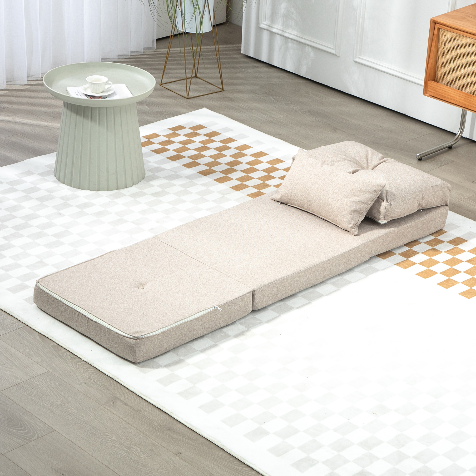 Bodensessel Klappmatratze Schlafmatte, 2-in-1-Design, abnehmbares Kissen, 60 x 80 x 56 cm, Beige