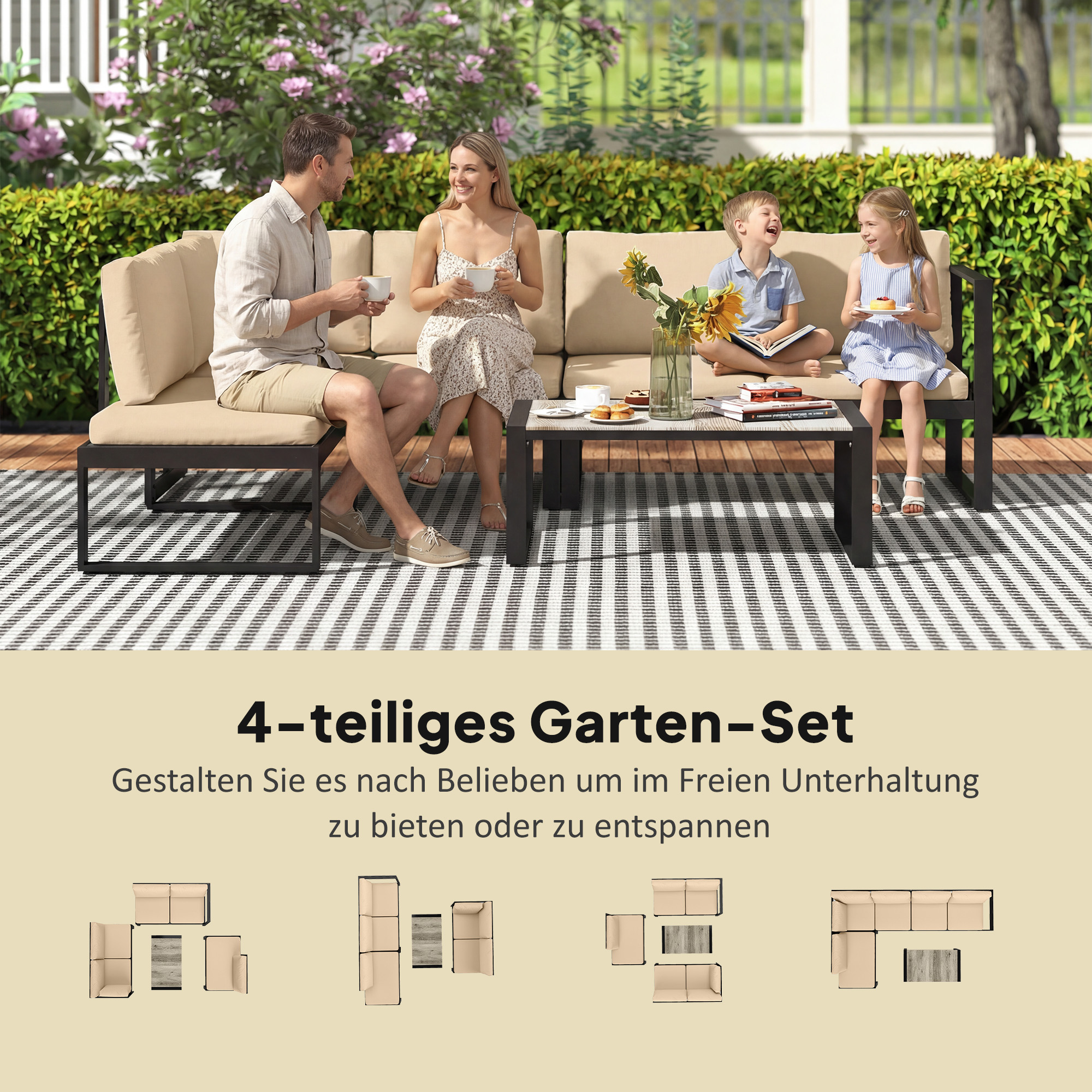4-teiliges Gartenmöbel-Set, Sofa-Set mit 2 Zweisitzern, armloser Stuhl, Couchtisch, für Balkon, Khaki