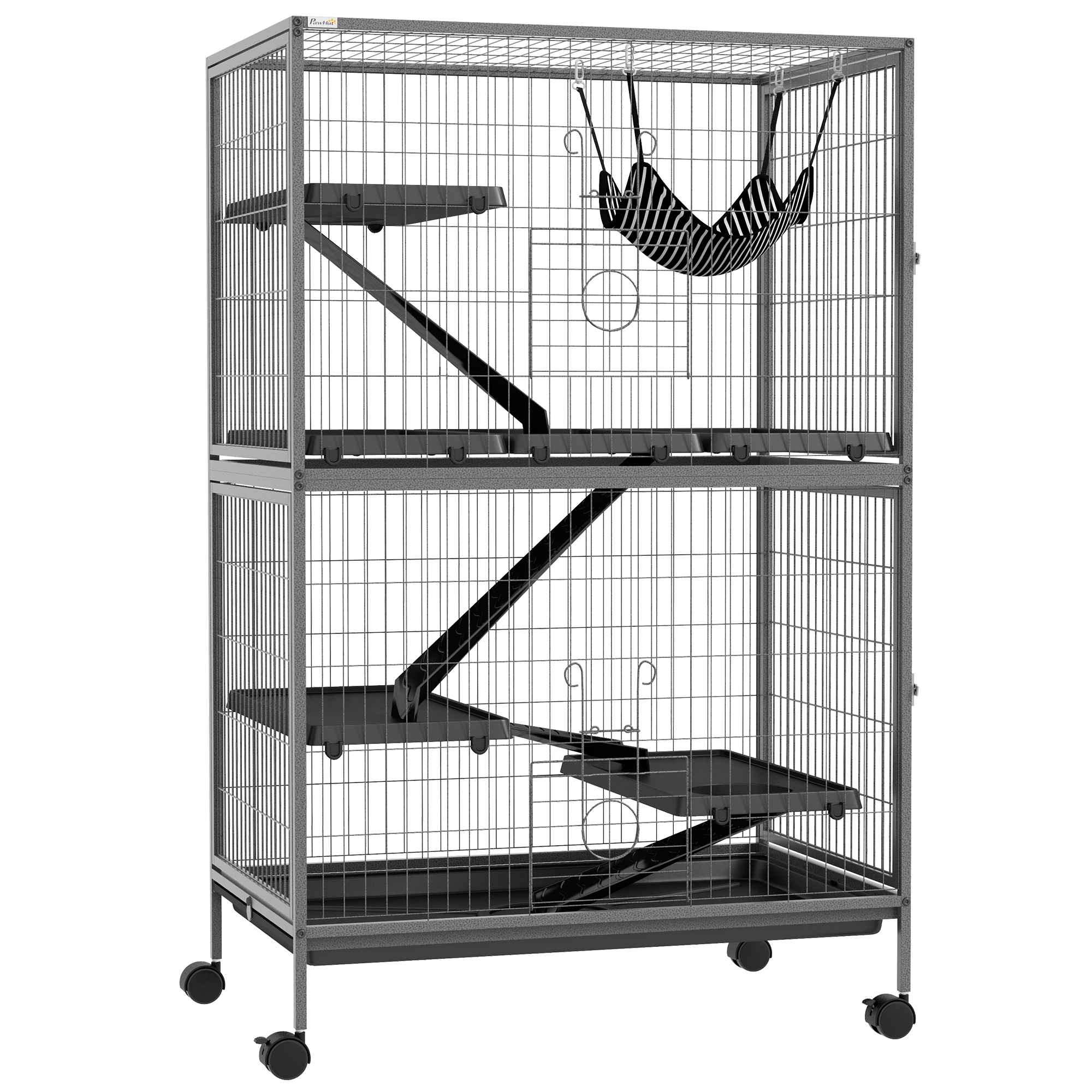 Kleintierkäfig mit Hängematte, Nagetierkäfig mit Rollen, 4-stöckiger Käfig, Metall, Kunststoff, 80 x 52 x 128 cm, Grau
