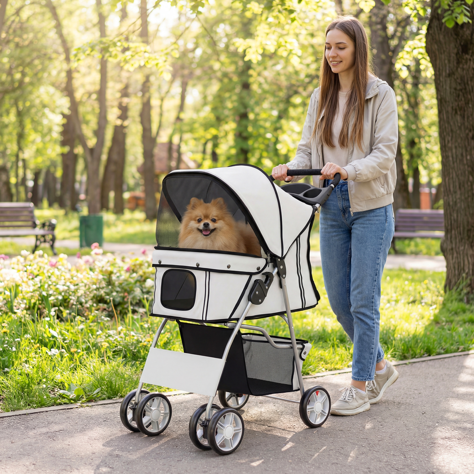 Hundewagen Faltbar Hundebuggy mit Reflektorstreif Aufbewahrungskorb Kissen für kleine Hunde bis 10 kg 77x44x102 cm Grau