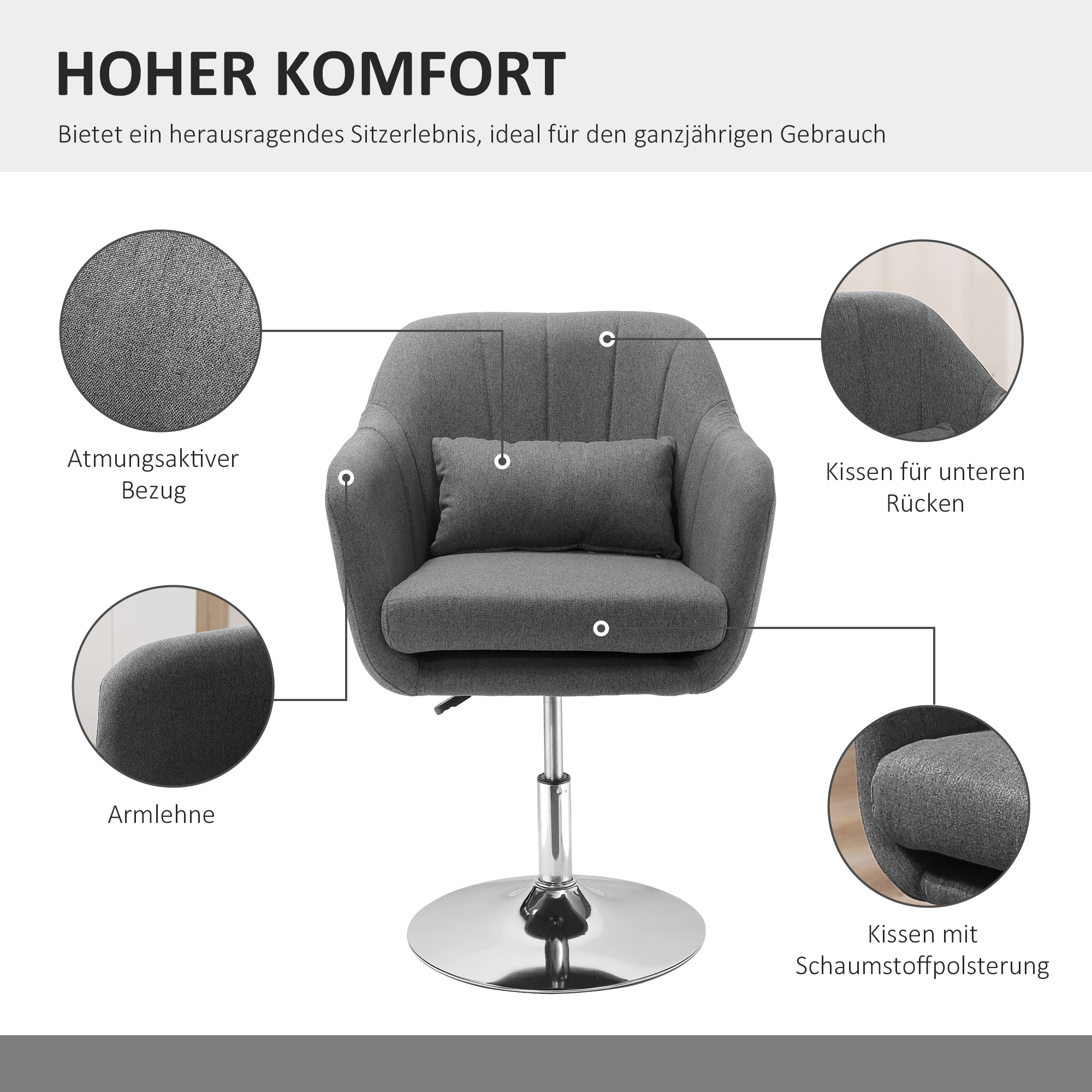 Drehstuhl, höhenverstellbarer Bürostuhl, leinenartiges Polyester, Metall, 60 x 60 x 79-91 cm, Dunkelgrau