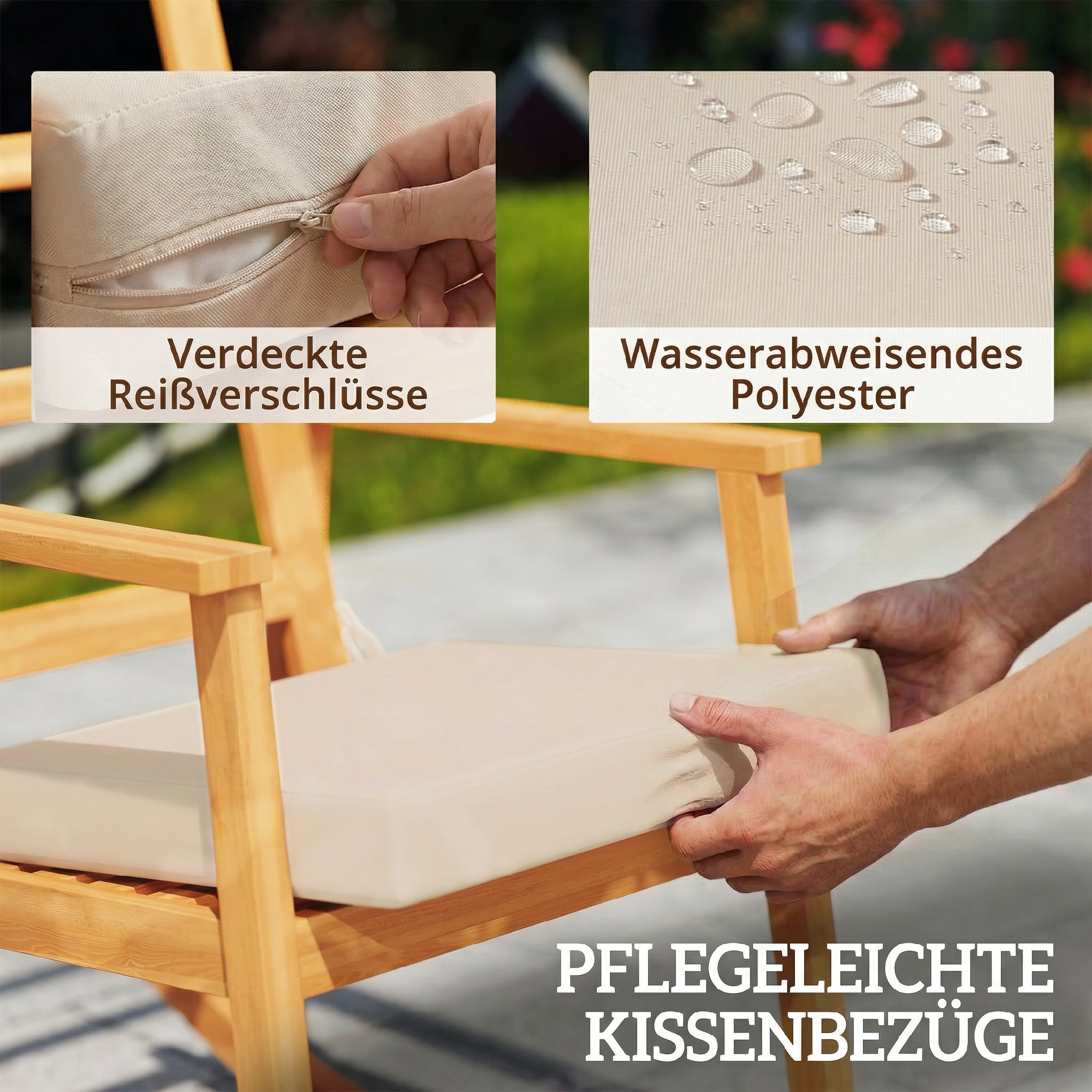 Schaukelstuhl aus Akazienholz Schaukelsessel mit hoher Rückenlehne Kissen bis 160 kg 60 x 89 x 107 cm Beige