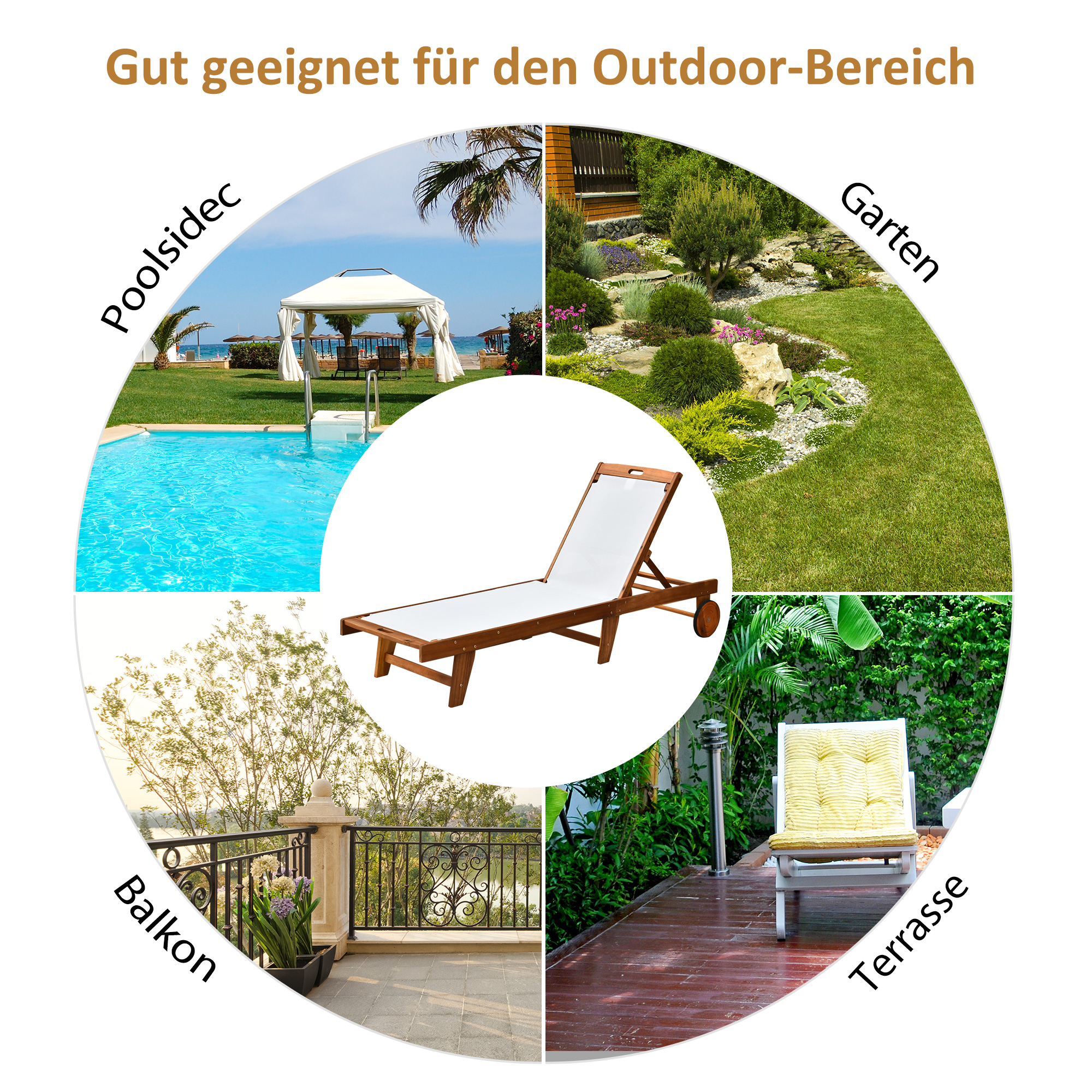 Sonnenliege Relaxliege Gartenliege Gartenmöbel verstellbar Akazienholz Textil Natur+Weiß 198 x 55 x 30-88,5 cm