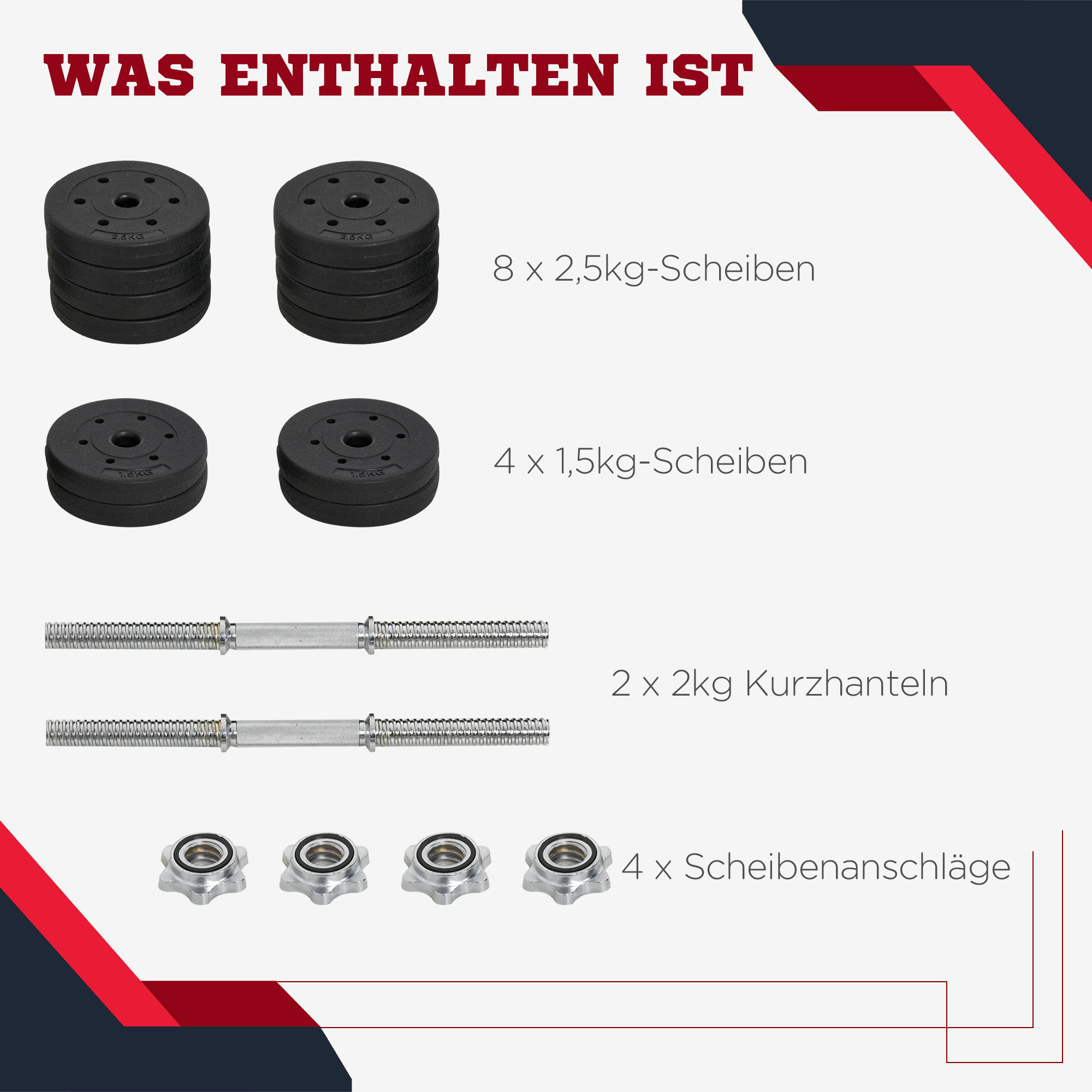 Kurzhantel Set 30KG Hantelset mit Hantelscheiben für Zuhause Büro Fitnessstudio Stahl Kunstleder Schwarz Krafttraining