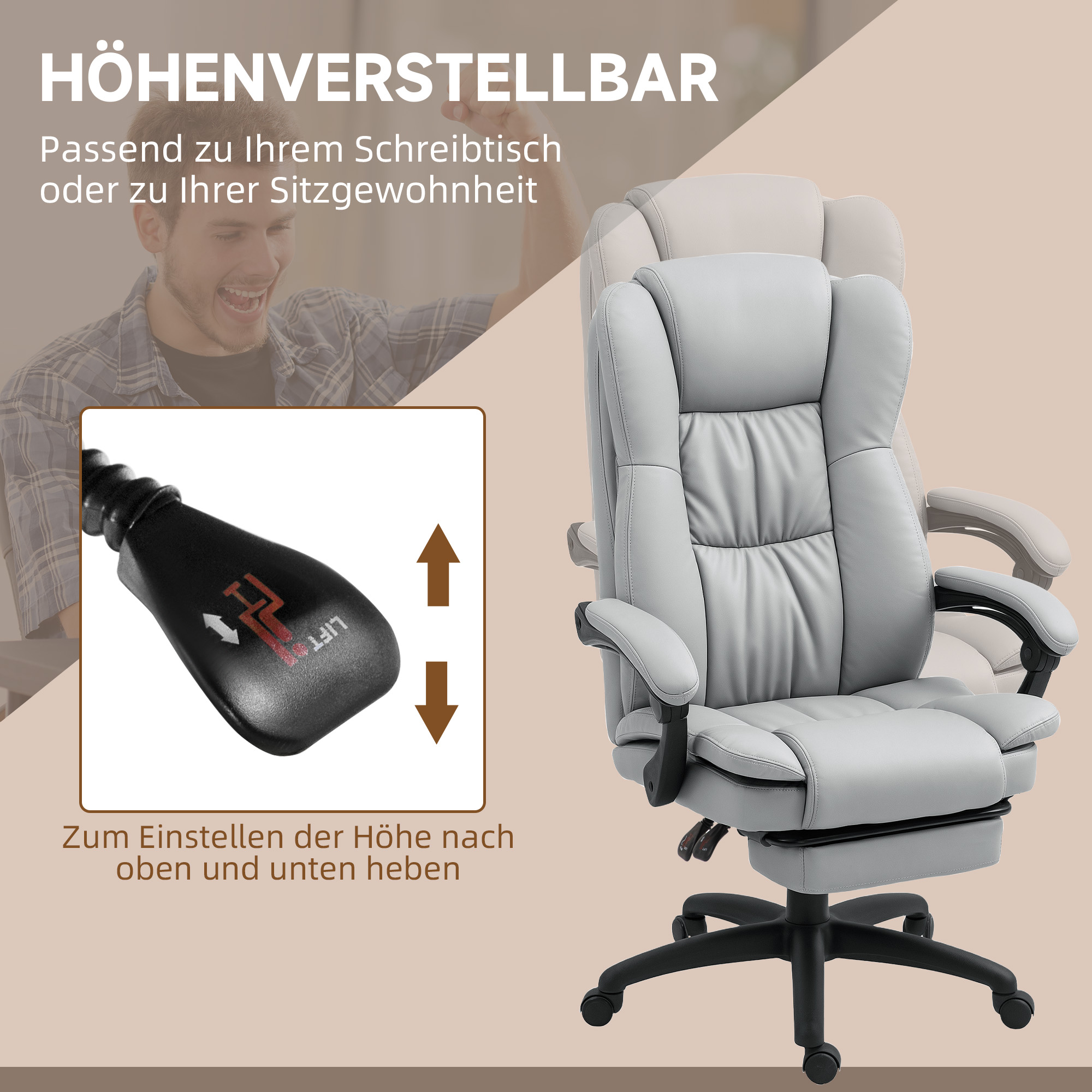 verstellbarer Drehstuhl mit Fußstütze, Kopfstütze, Massagefunktion, Kunstleder, 68,5x68,5x113-121cm