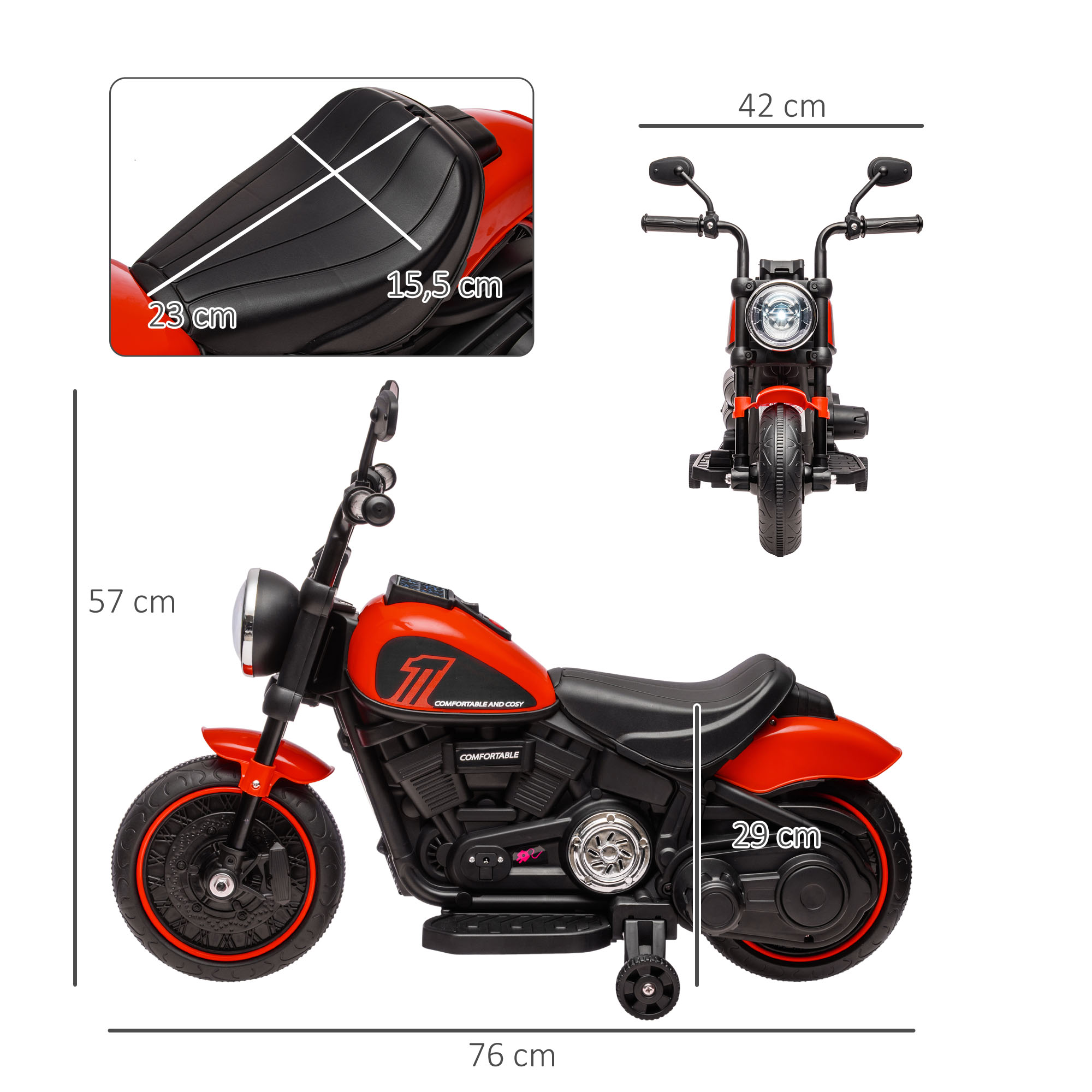Elektro-Kindermotorrad mit Scheinwerfer, abnehmbare Stützräder, 76x42x57 cm, Rot/Schwarz