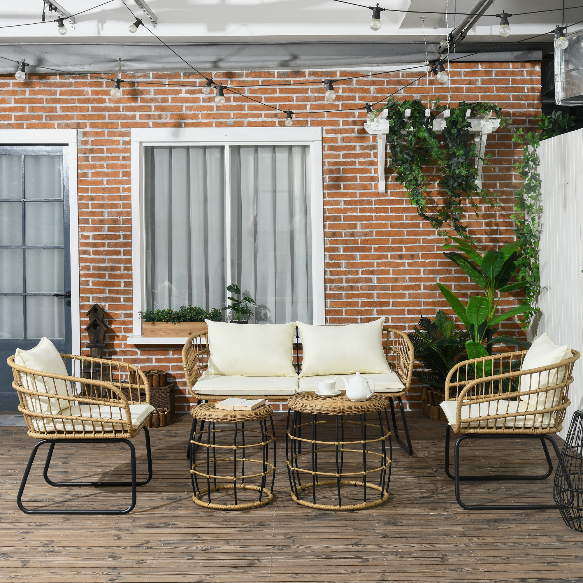 Rattansitzgruppe Lounge-Set Outdoor-Sitzgruppe, Boho-Stil, 5-teilges Set, 145 x 70 x 78 cm, Creme + Natur + Schwarz