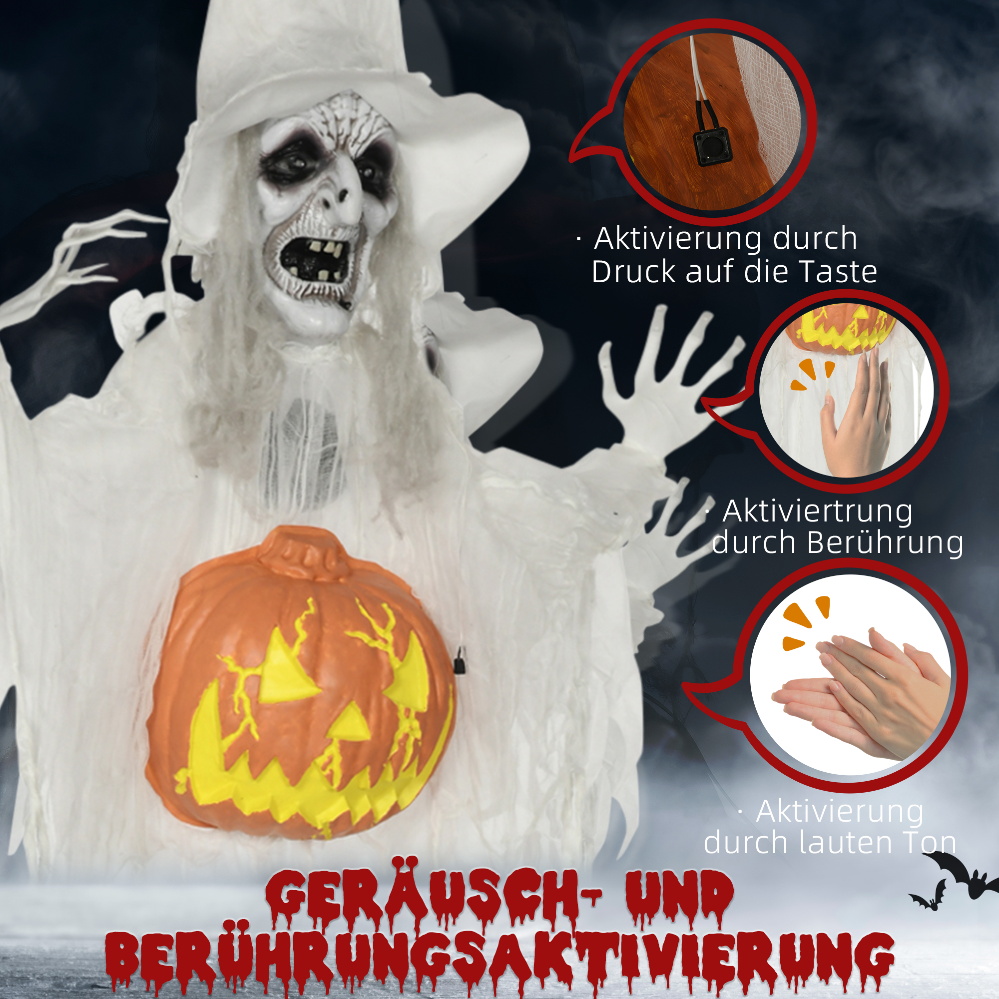 Halloween-Geist, Halloween-Dekoration, Soundfunktion, mit Bewegungssensor und LED-Lichtern, 60 cm x 18 cm x 183 cm