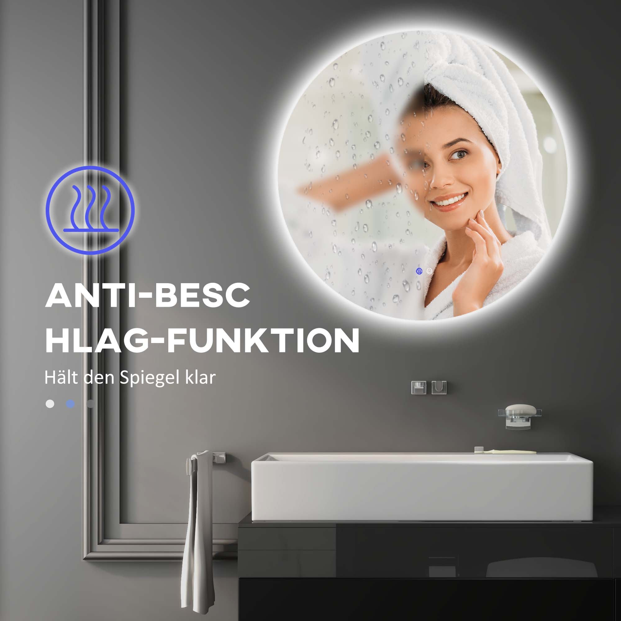Badezimmerspiegel, LED, Farbwechsel, Antibeschlag, Touch-Schalter, IP44, Ø 60 cm, Weiß