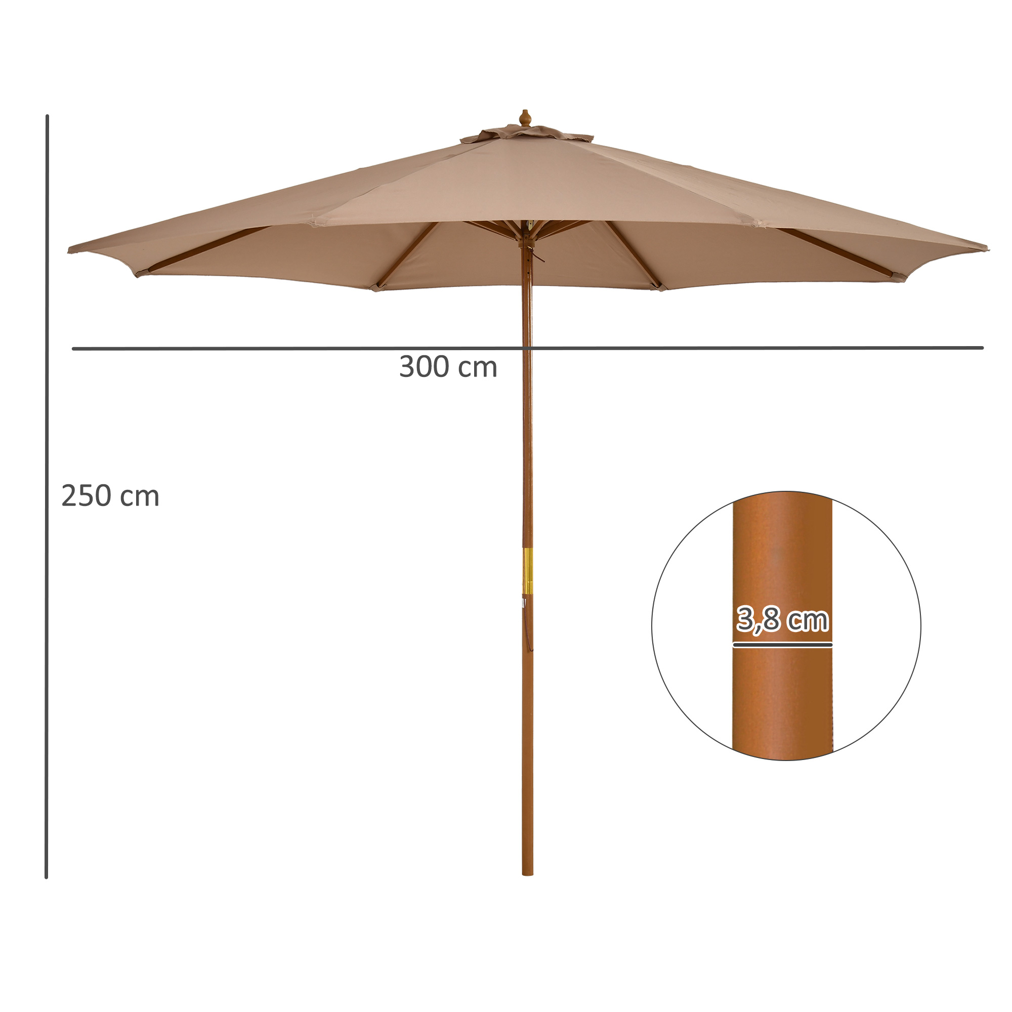 Sonnenschirm Ø 300 cm, Sonnenschirm mit UV Schutz Balkonschirm aus Holz Strandschirm stabil Marktschirm Sonnenschutz für Strand Terrasse Garten, Khaki