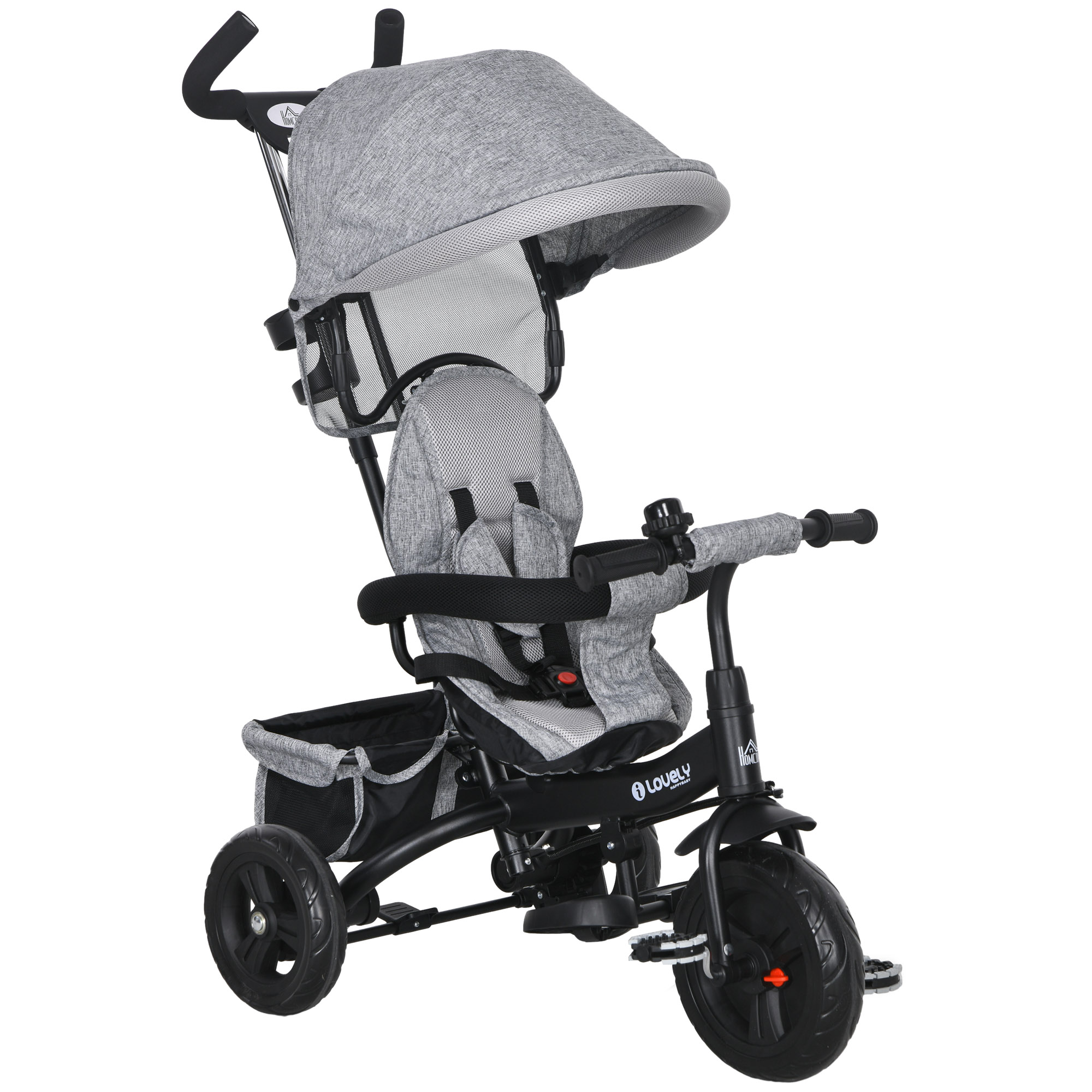 6-in-1 Kinderdreirad mit Schiebestange, Dach, Gurt, Ablagekorb, für 1-5 Jahre, Grau