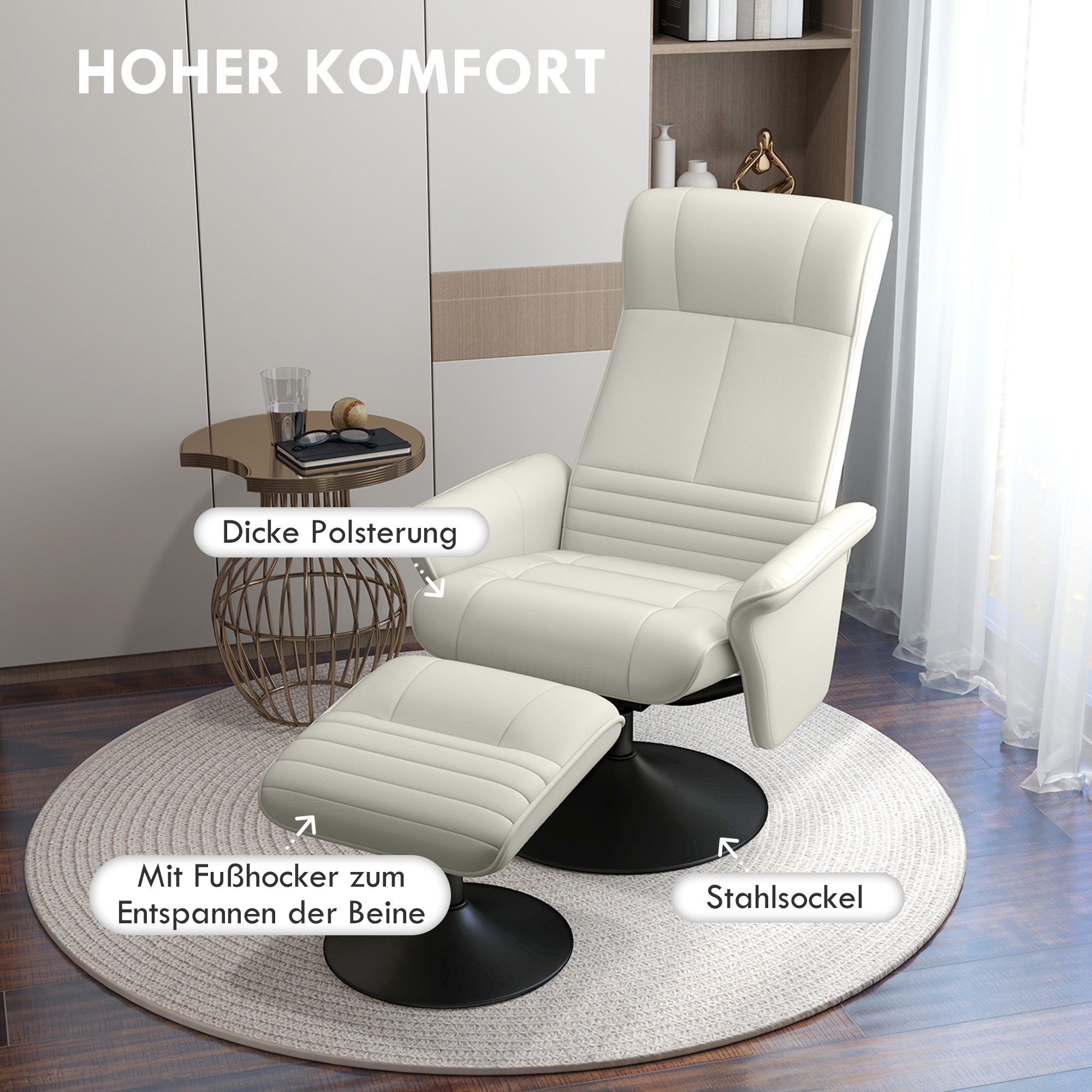 Relaxsessel, Fernsehsessel mit Hocker, drehbar, ergonomisch, Mikrofasertuchoptik, bis 150 kg, Cremeweiß
