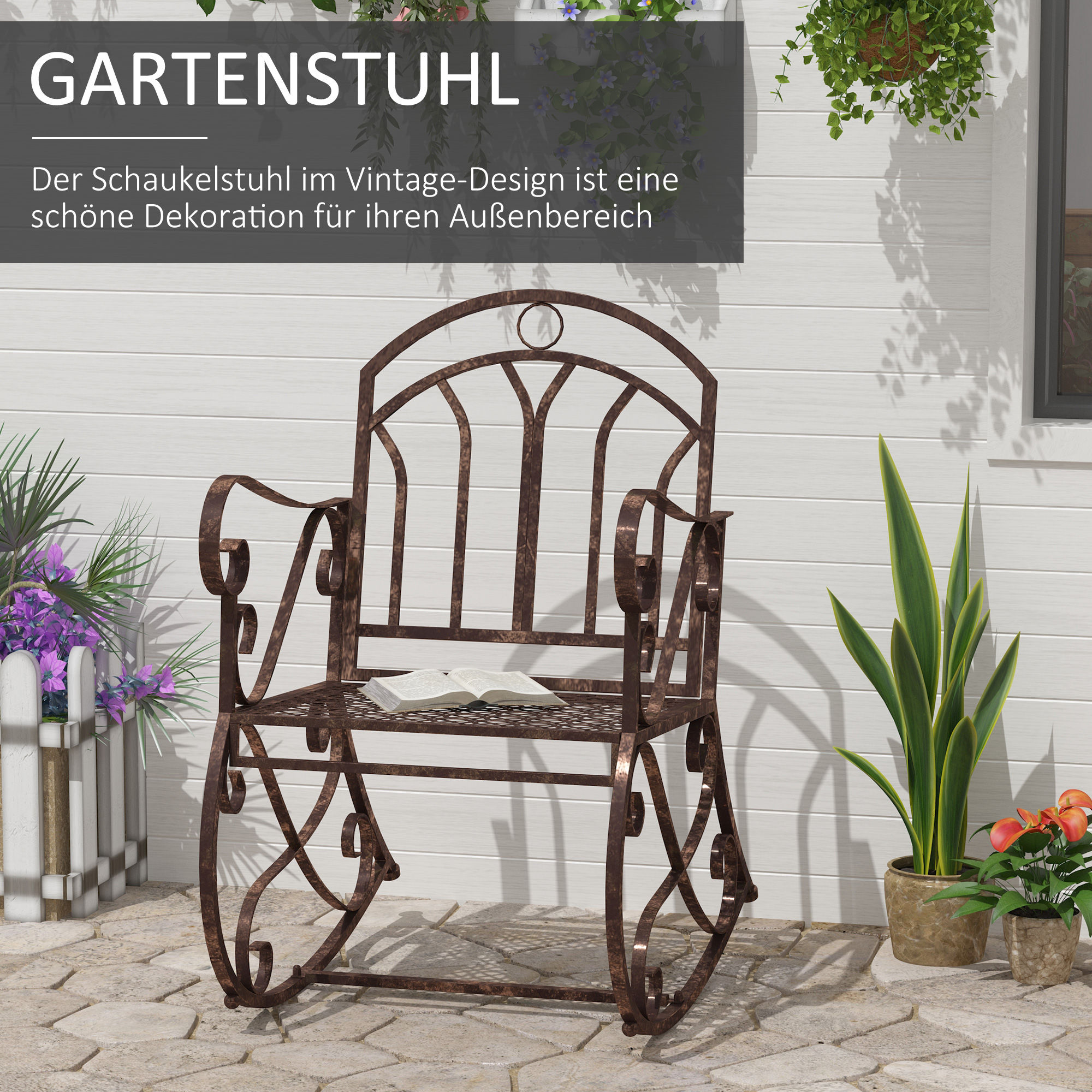 Schaukelstuhl Gartenstuhl, Vintage-Design, 61cm x 79cm x 90cm, Braun + Schwarz