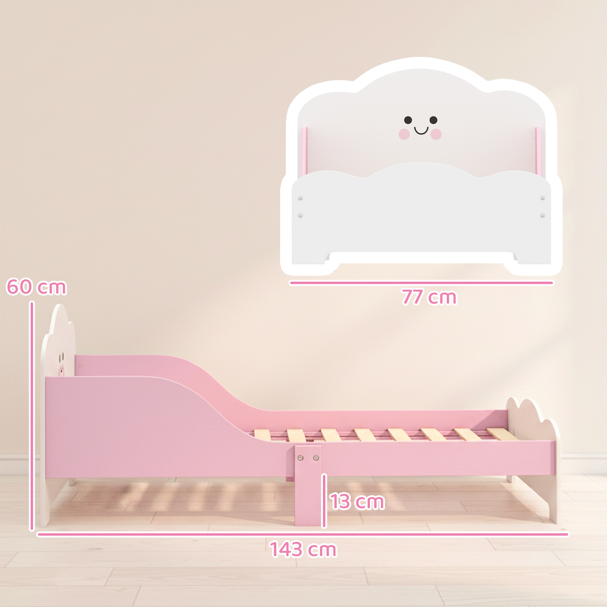 Kinderbett, 140 x 70 cm Bettgestell mit hohen Schutzgitter für Kinder von 3-6 Jahren, ohne Matratze, Rosa