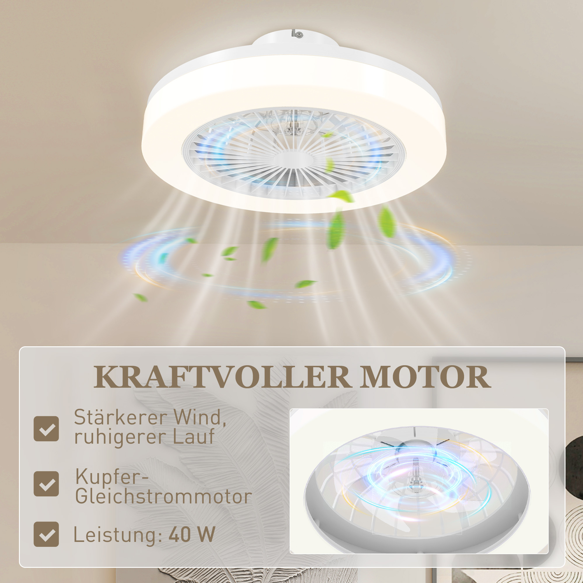 Deckenventilator mit LED-Lampe, 6 Geschwindigkeiten, Fernbedienung, Weiß