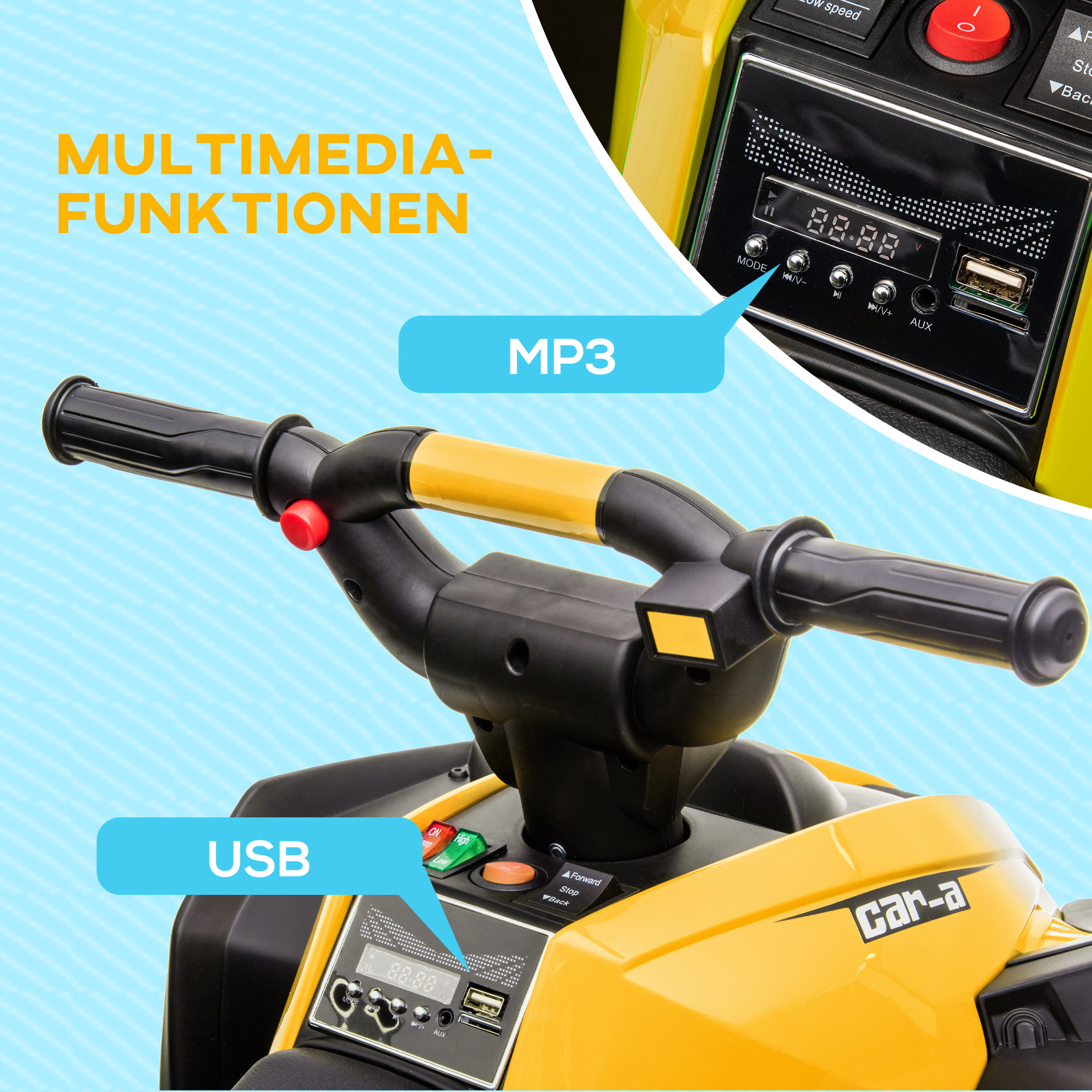 Elektro-Kinderquad, LED-Scheinwerfer, MP3-Player, Stoßdämpfer, ergonomischer Sitz, Gelb+Schwarz