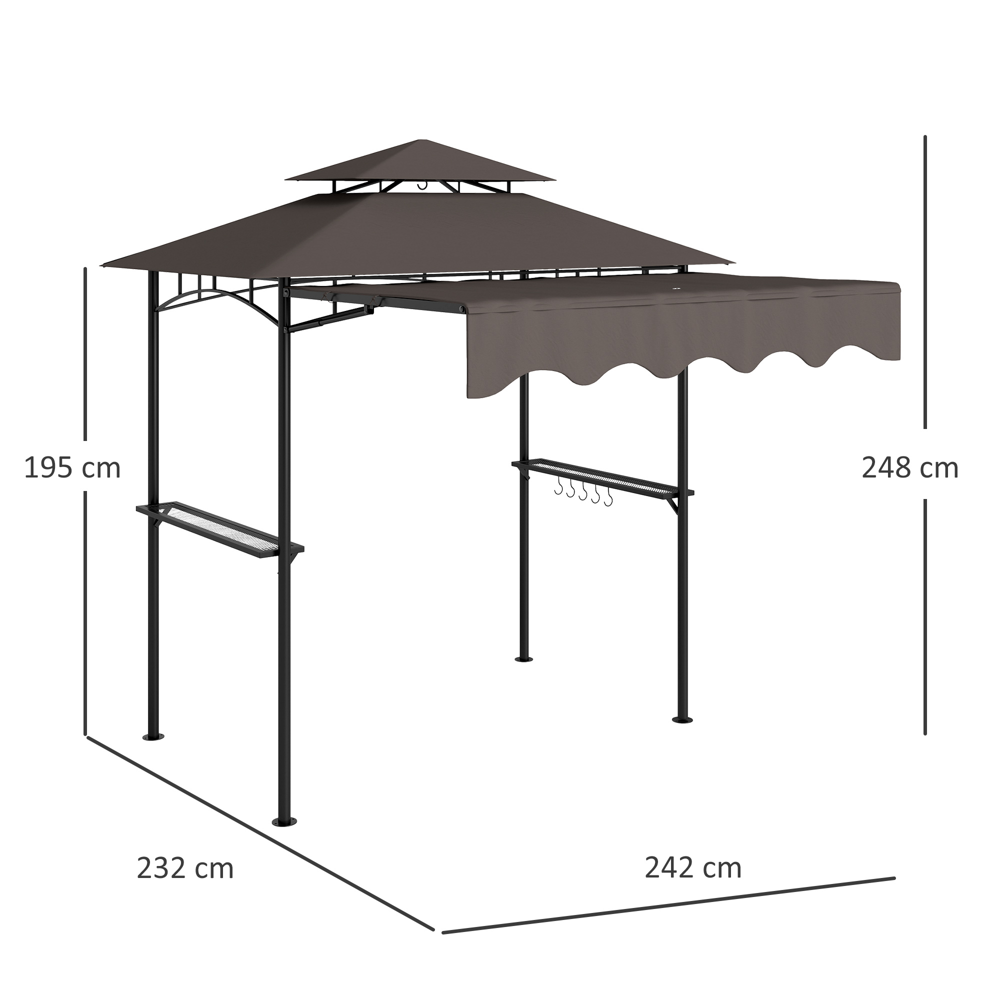 Grillpavillon 242x232x248 cm wasserabweisend flammhemmend Gartenpavillon mit Doppelschichtdach Kaffee