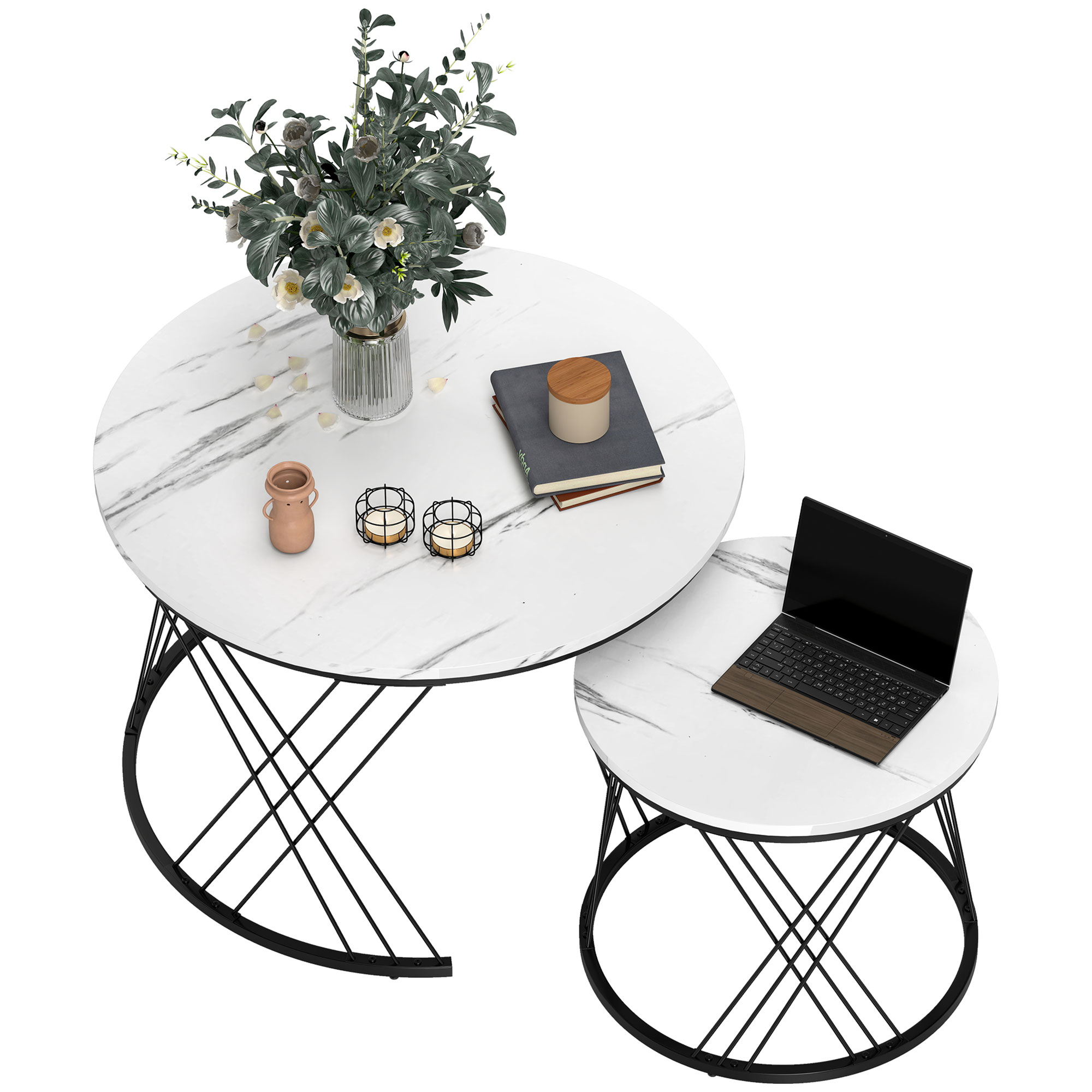 Couchtische im 2er-Set, Marmoroptik, Spanplatte, Metall, runde Kaffeetische für Wohnzimmer, ineinanderstellbar, Weiß