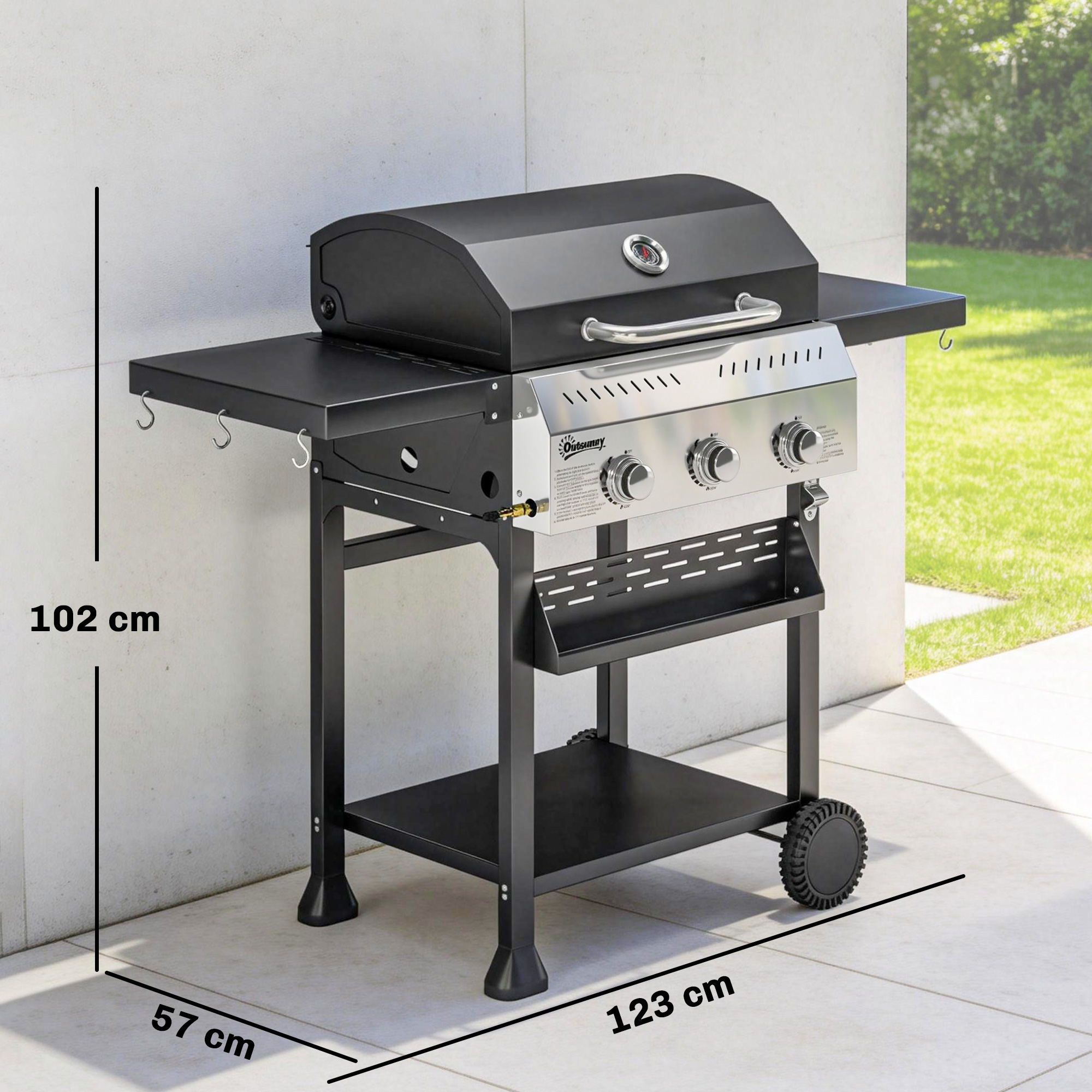 Gasgrill 9kW 3 Brenner BBQ Grillwagen Edelstahl inkl klappbar Seitentisch Gewürzhalter Unterregal 6 Haken