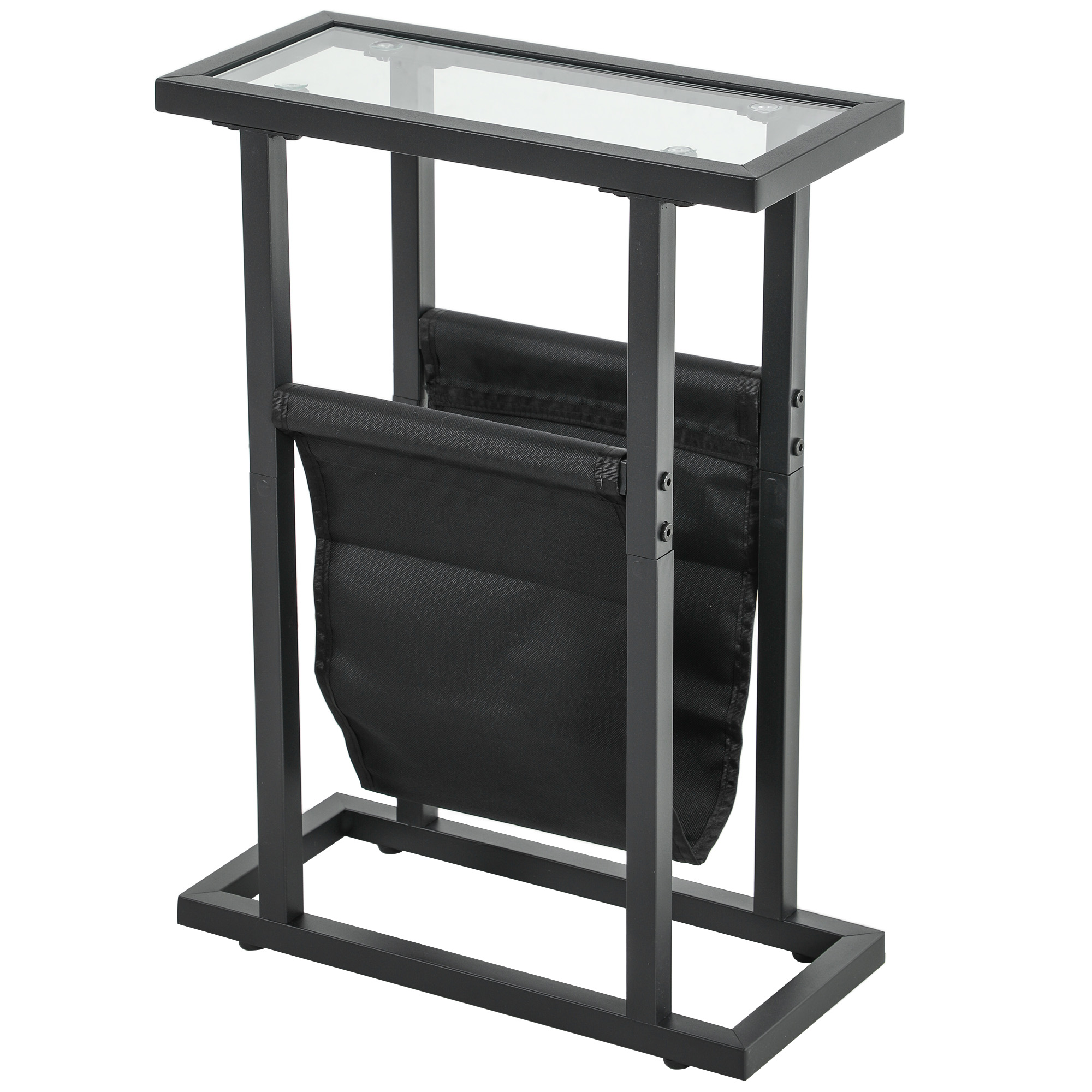 Beistelltisch aus Metall mit Stofftasche und Glasplatte, schmaler Tisch für Wohnzimmer, Schlafzimmer, Schwarz