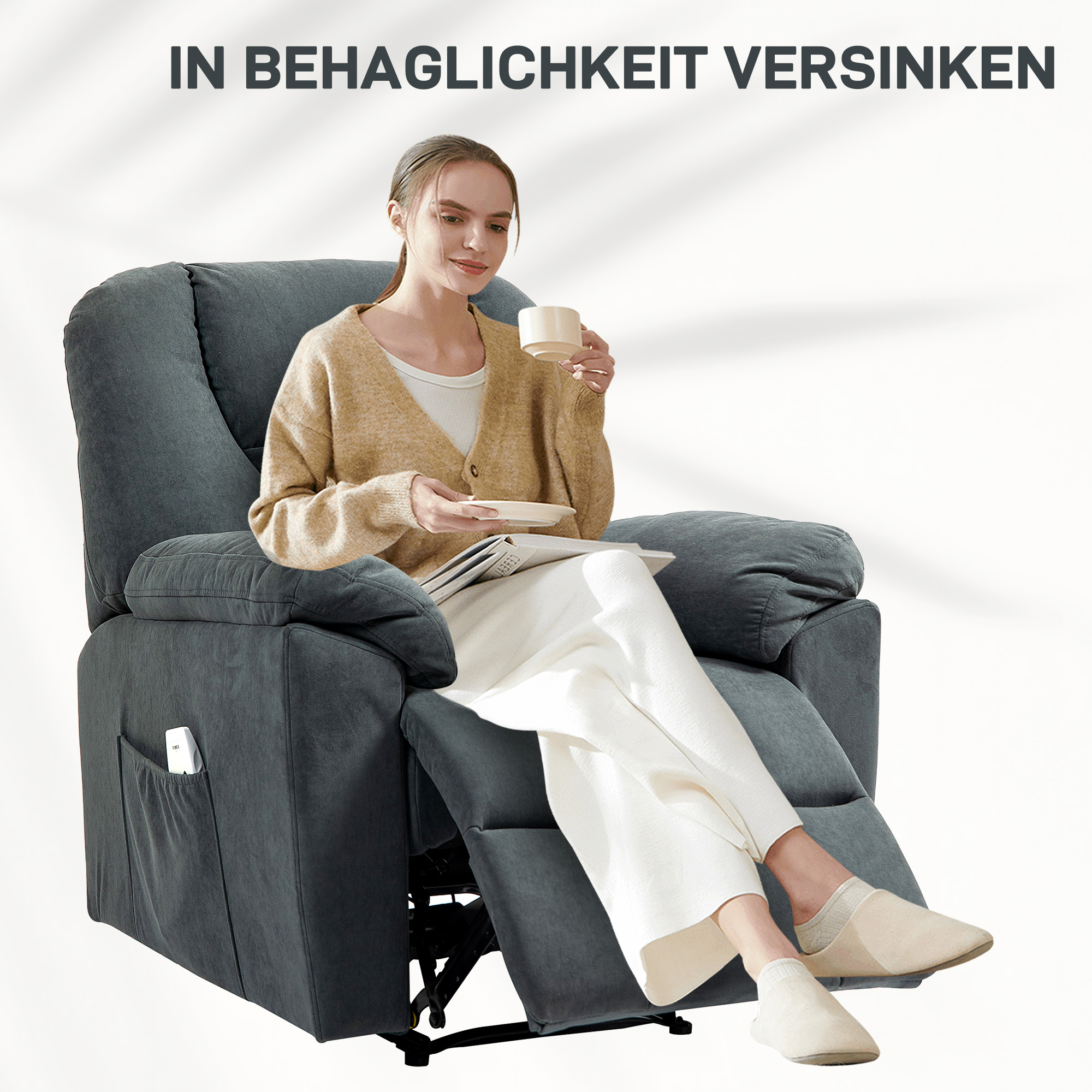Relaxsessel mit Massage- und Wärme-Funktionen, Polstersessel mit USB-Anschluss, Seitentaschen, Grau