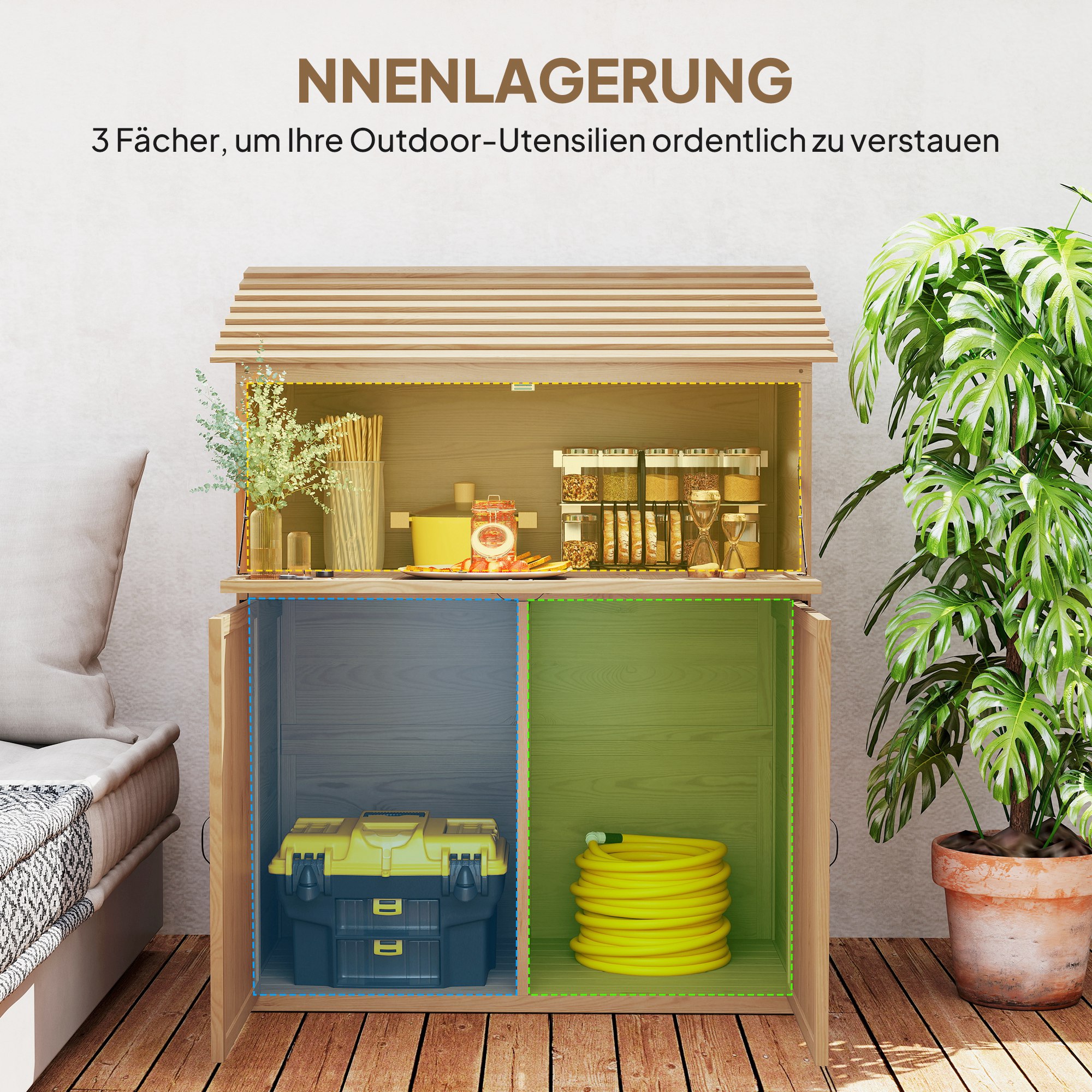 Garten-Aufbewahrungsschrank mit ausklappbarem Tisch, Werkzeugschrank mit Dach, 110 x 54 x 136 cm, Tannenholz, Braun