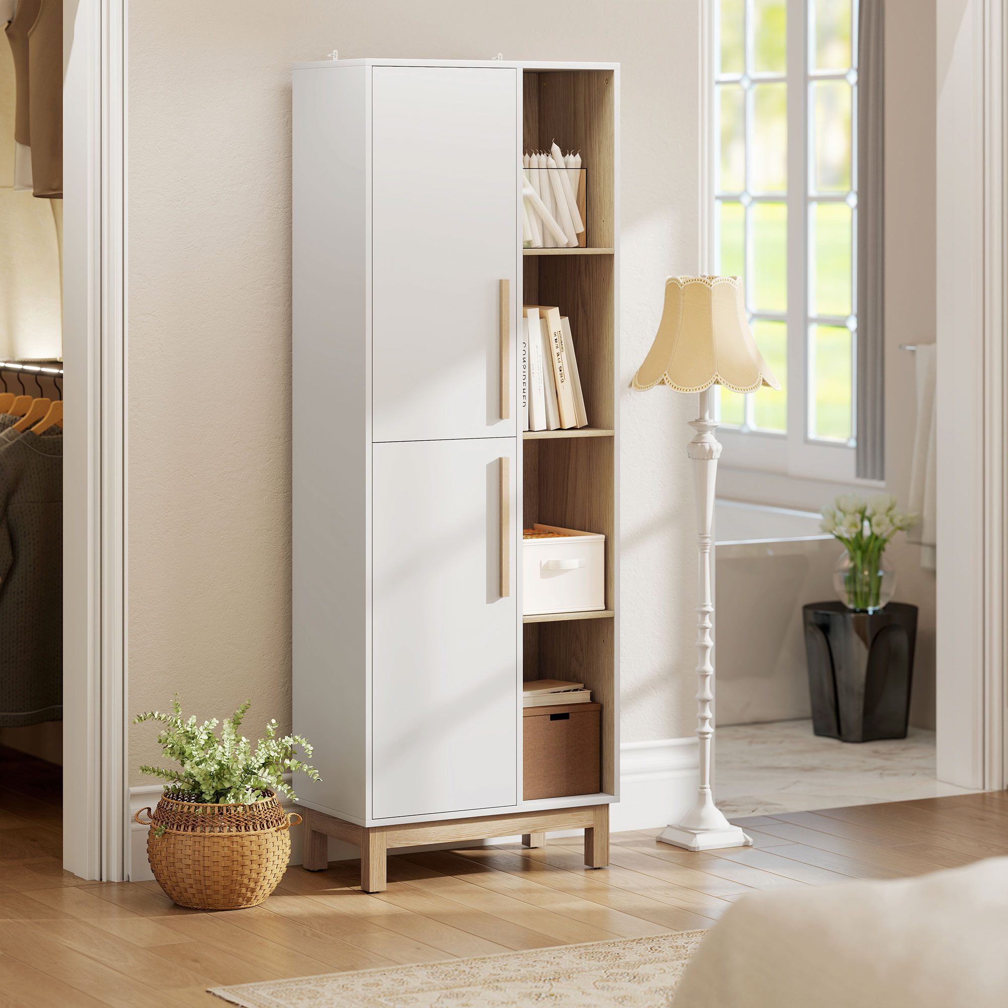 176 cm großes Bücherregal, 4 offene Regale, 2 Schränke, freistehender Bücherschrank, MDF, Weiß