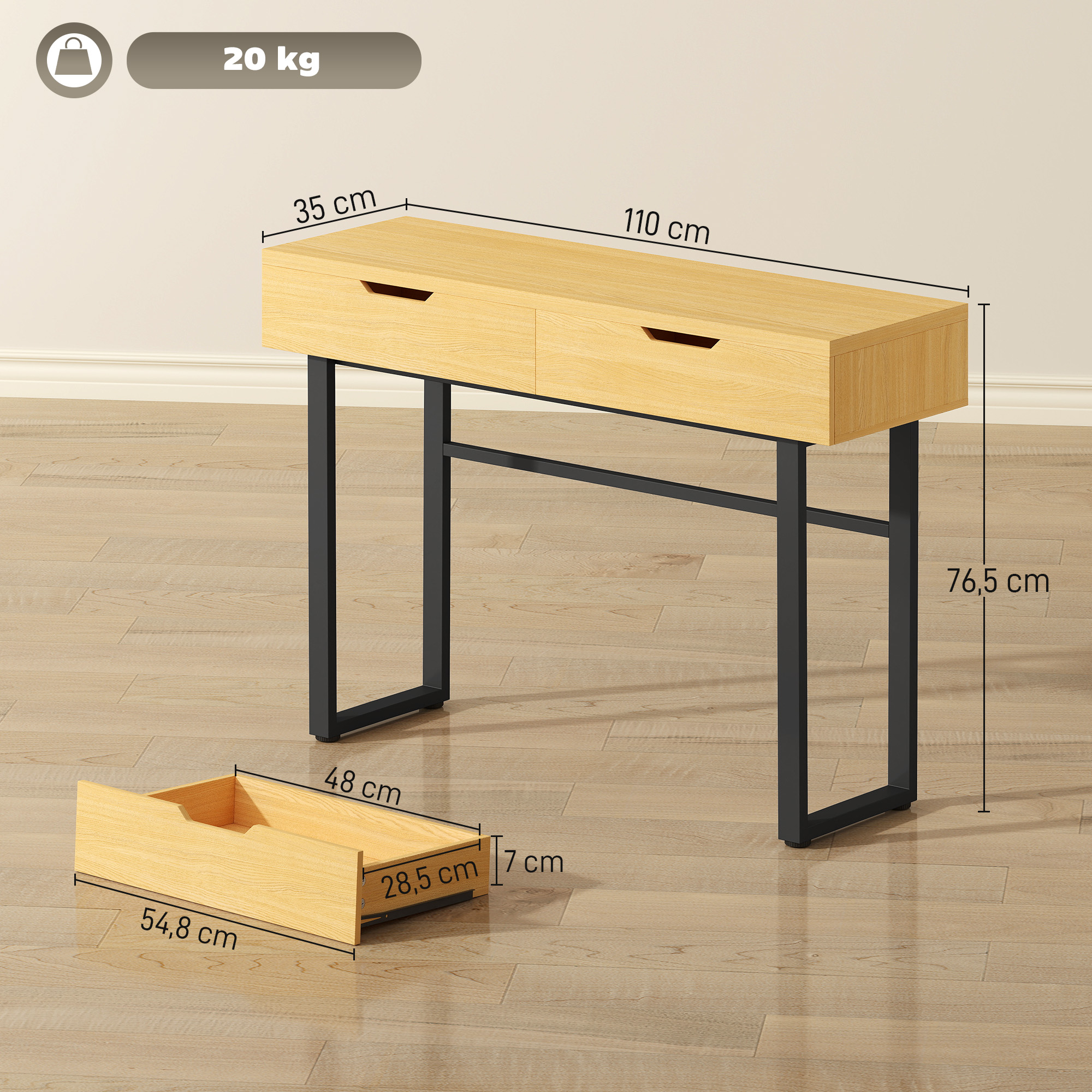 Konsolentisch Schmaler Flurtisch mit 2 Schubladen, Metallrahmen, für Flur 110 x 35 x 76,5 cm Natur