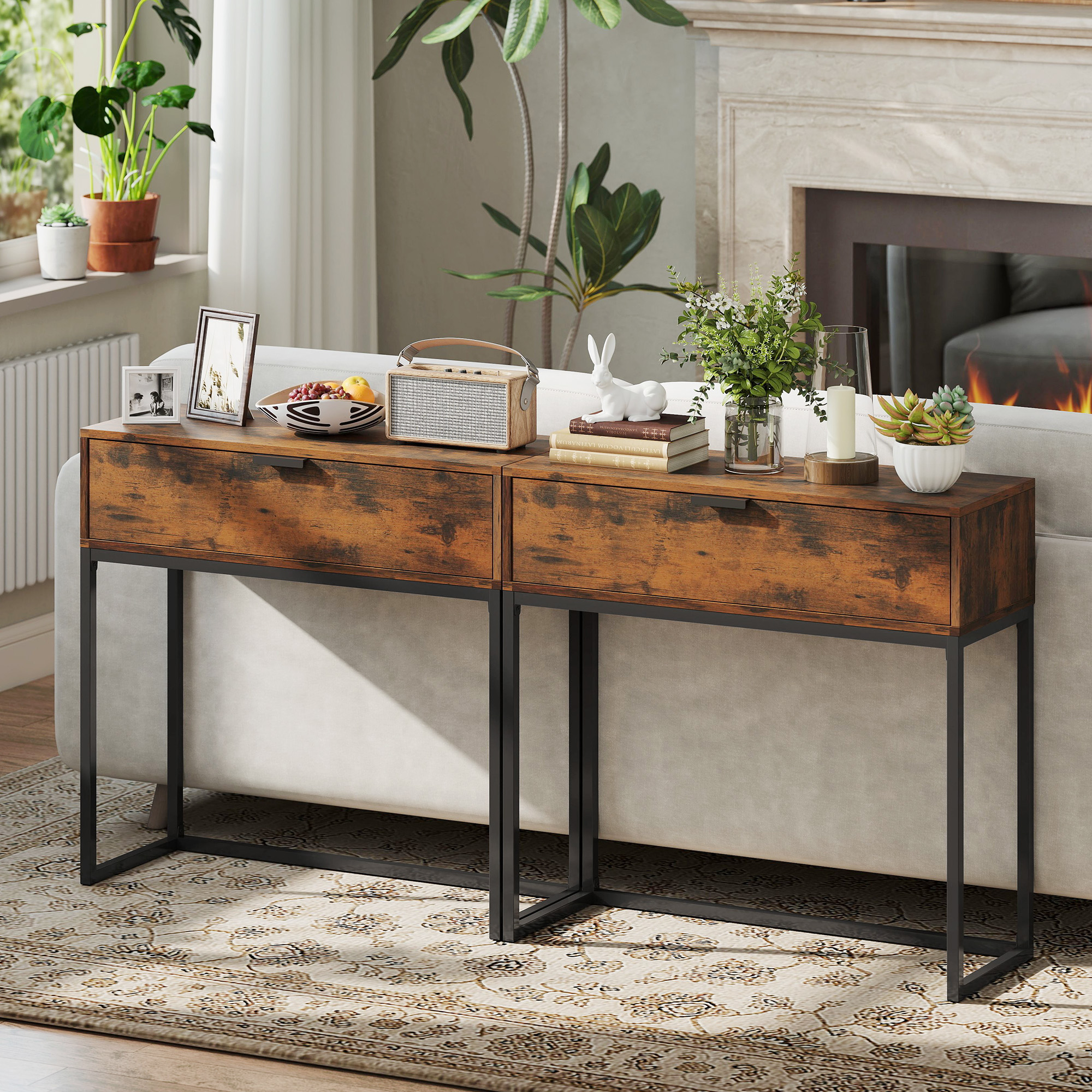 Konsolentisch Flurtisch mit Schublade, Industrie-Design, Flur Wohnzimmer, 80x30x76 cm, Schwarz