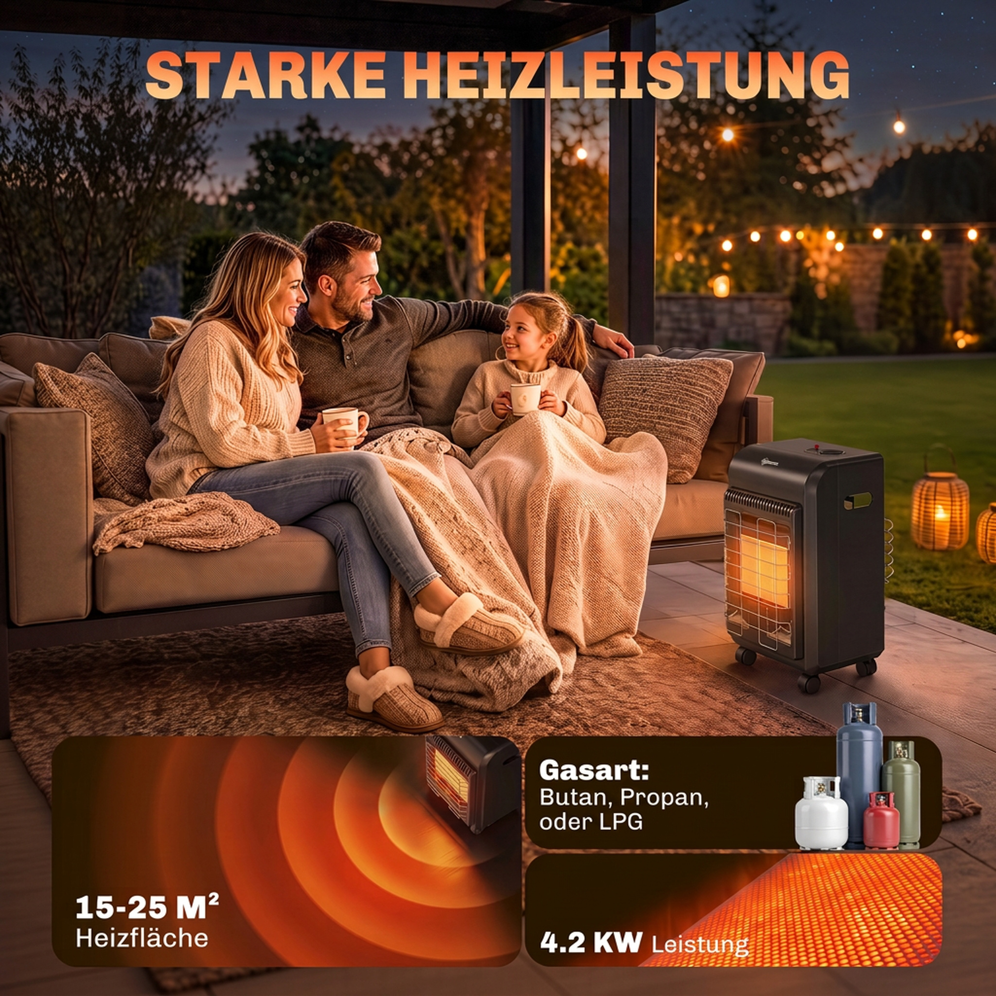 Gas Heizstrahler Outdoor 1,5-4,2 kW Terrassenheizer mit Rollen 3 Leistungsstufen 50 cm Schlauch Druckregler
