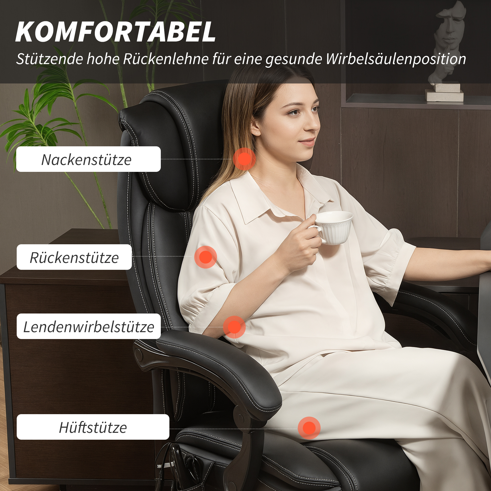 Bürostuhl Ergonomisch mit Massagefunktion Schreibtischstuhl mit Fußstütze, Kunstleder Schwarz