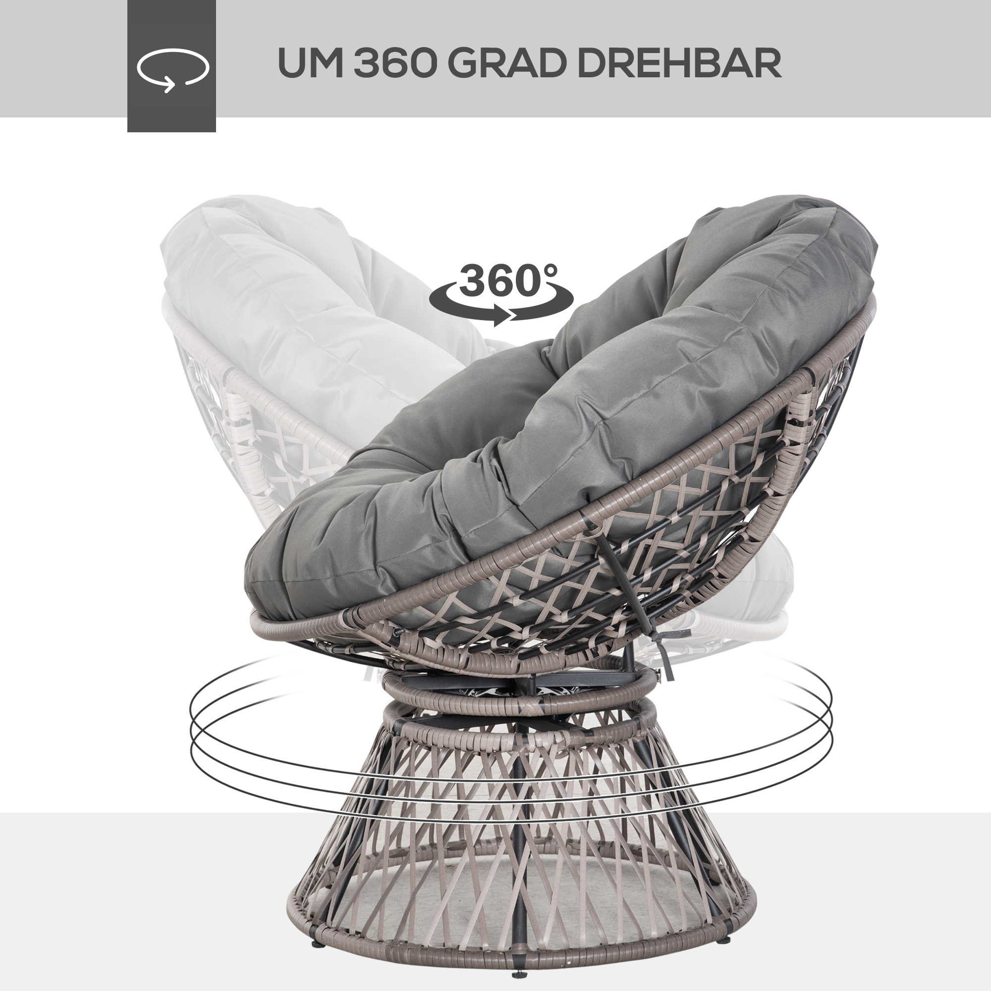 Papasansessel Korbsessel Sessel mit Polster 360 Grad Rattan Grau B87 x T97 x H86 cm