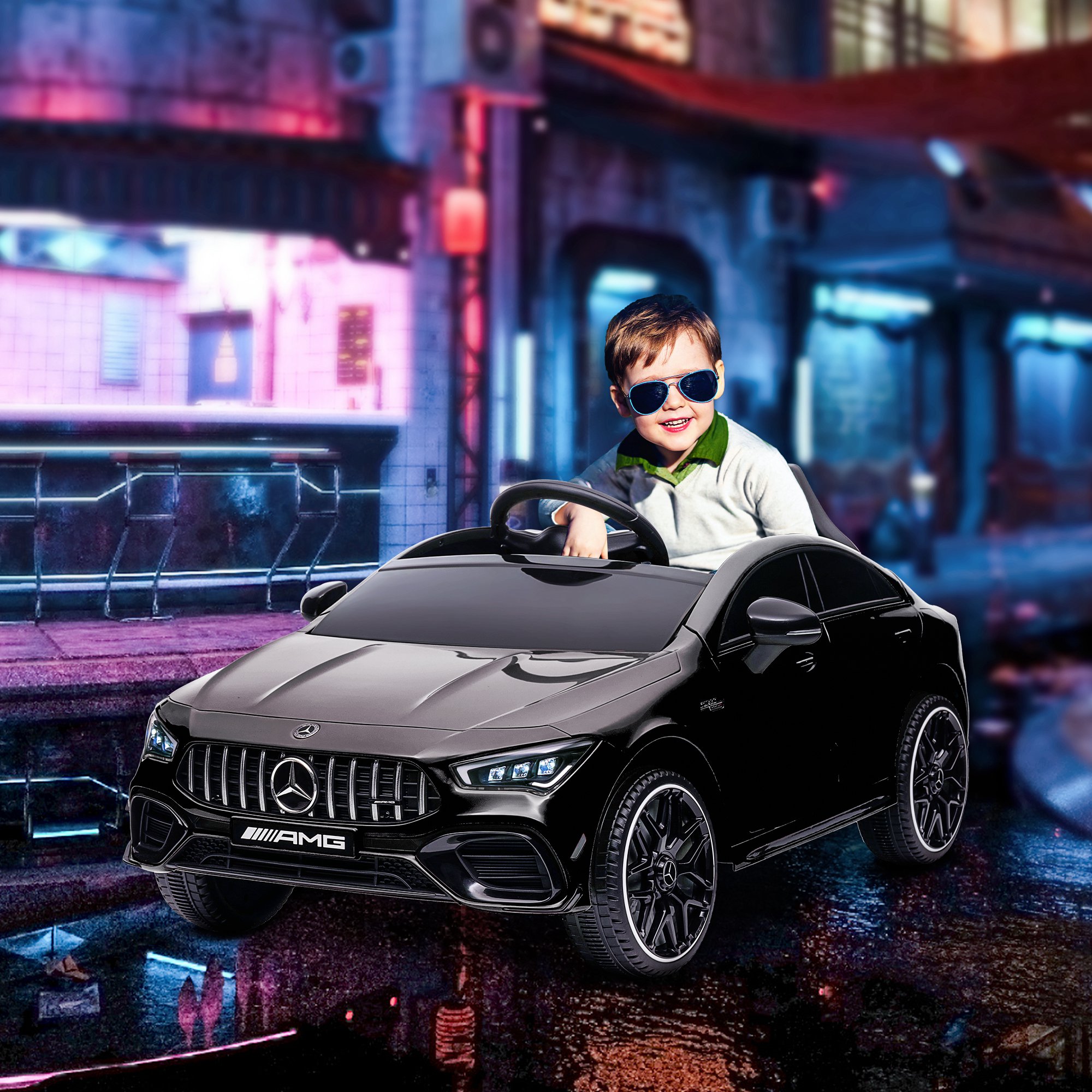 Kinder-Elektroauto, fernsteuerbar, mit Transportrollen, LED-Lichter, Hupe, für Kinder von 3-6 Jahren, Schwarz