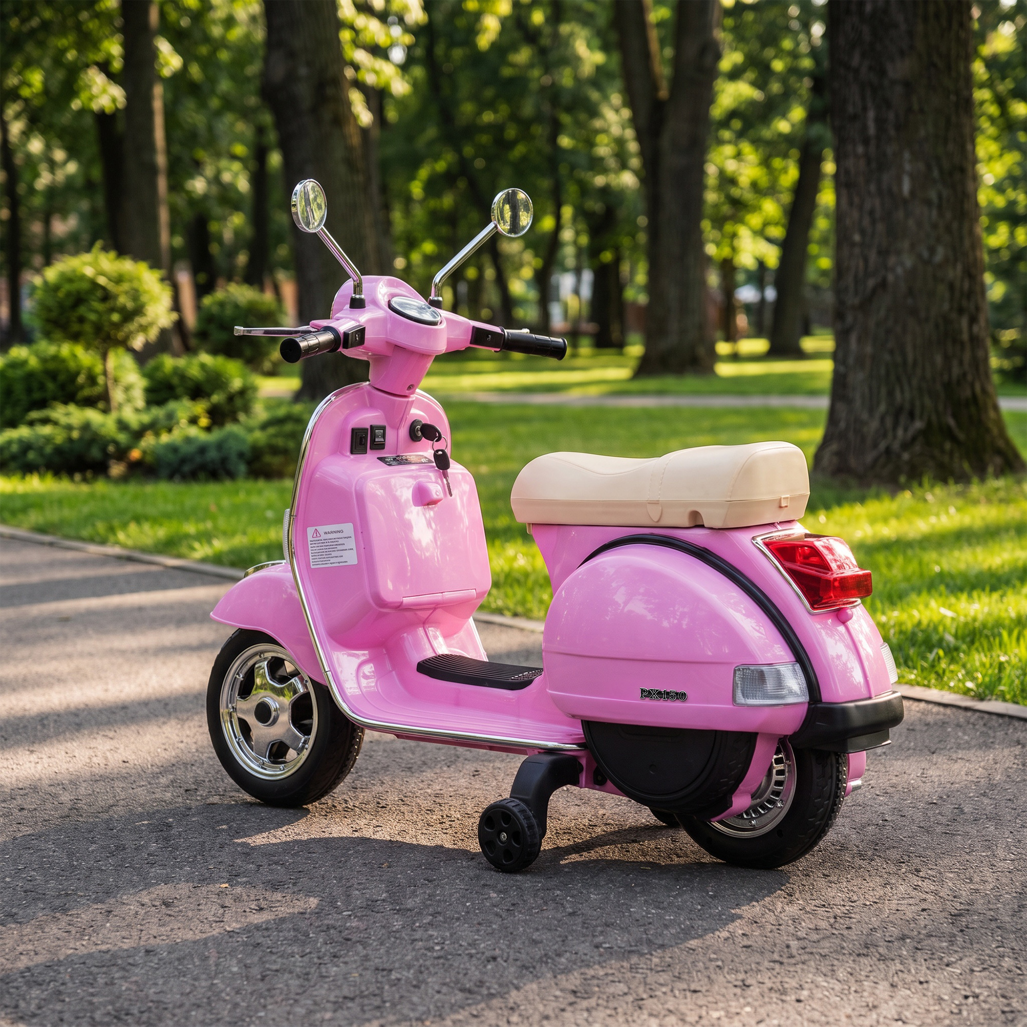 Elektro Motorrad Kinder Vespa PX150 12V Elektromotorrad mit Lithium Akku 35W 2 Motoren 25° Lenkbegrenzung für 3-6 Jahre
