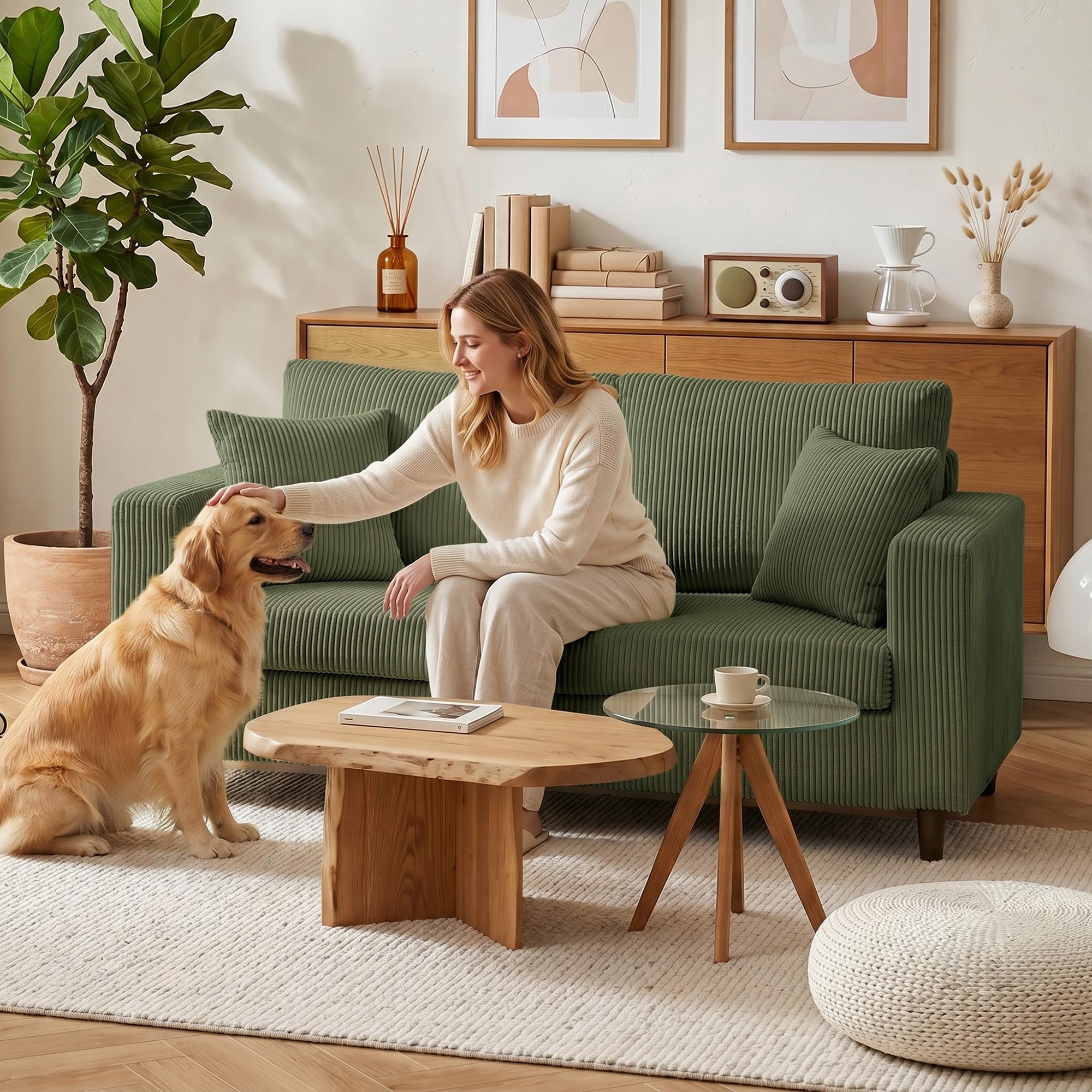 2-Sitzer-Cordsofa mit breiter tiefer Sitzfläche und Federkernpolster, grün
