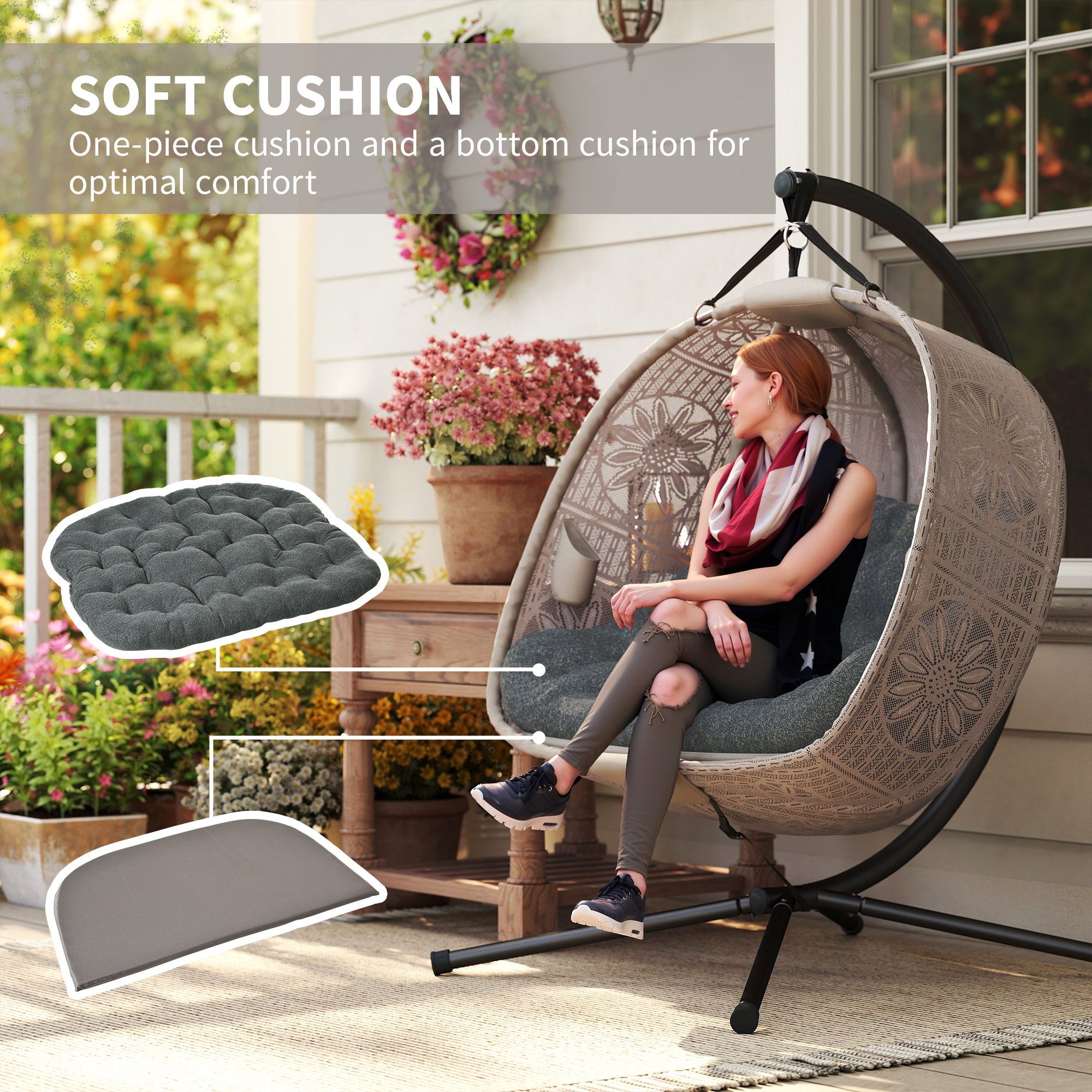 Hängesessel mit Gestell, Eiförmiger Hängeschaukel mit abnehmbarem waschbarem Kissen, Hängematte für 2 Personen, Schaukelsessel Indoor Outdoor, Sand+schwarz
